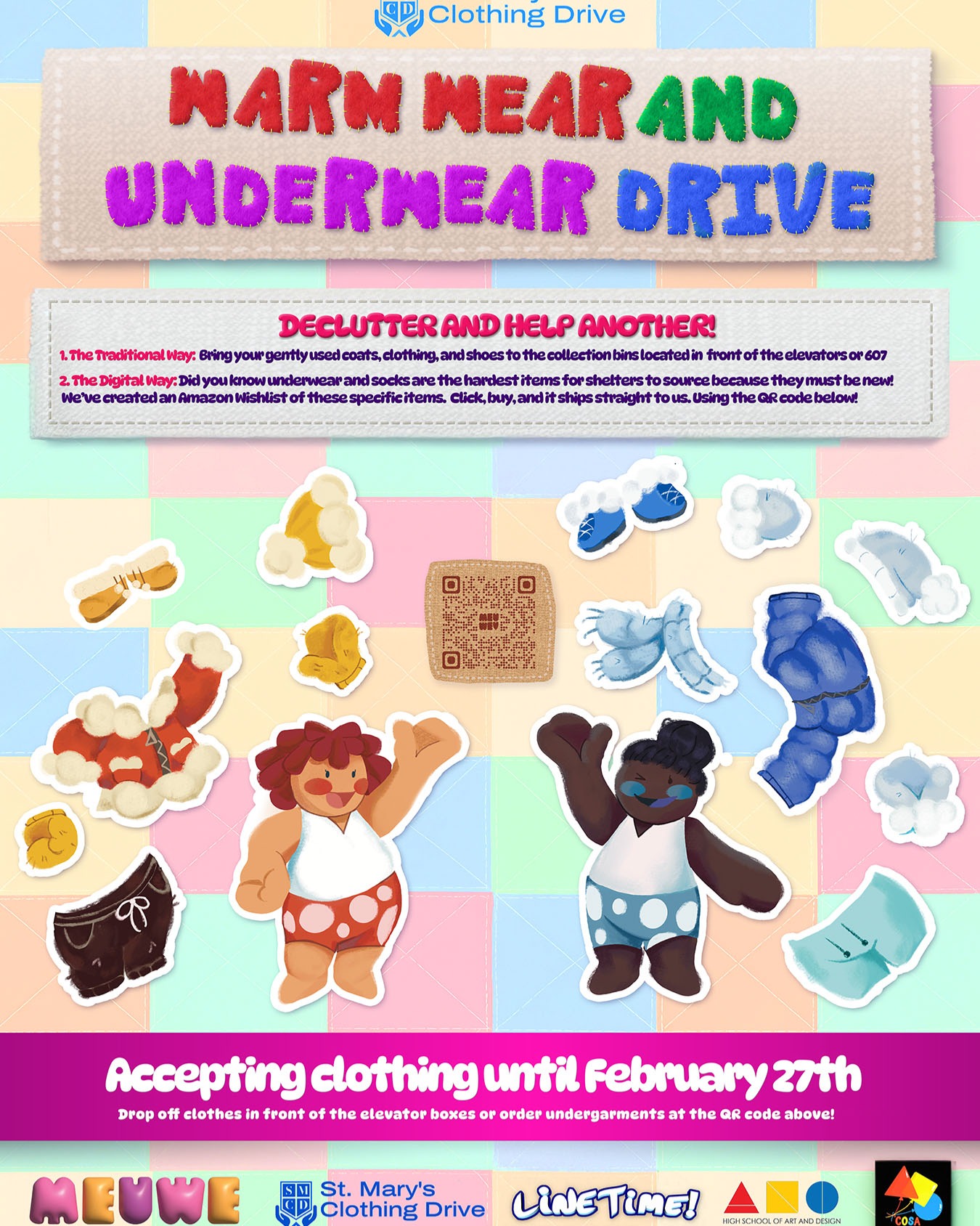 Warm Wear and Underwear Clothing Drive
Hey Art and Design community! Thank you so much for your donations and support for our most needed items drive! It was a huge success!
For this winter we are doing a clothing drive!
📅 Accepting clothing through this month until February 27th. Declutter and help another! We are collecting gently used clothing and brand-new undergarments to support those in need during the cold season.
📍 The Traditional Way (In-Person): Bring your gently used coats, clothing, and shoes to the collection boxes located in front of the elevators.
💻 The Digital Way (Amazon Wishlist): Underwear and socks are the hardest items for shelters to source because they must be new! We’ve created an Amazon Wishlist of these specific items—just click, buy, and it ships straight to us.
Shop the Wishlist here: https://www.amazon.com/hz/wishlist/ls/9D6JNNDMW19P?ref_=wl_share