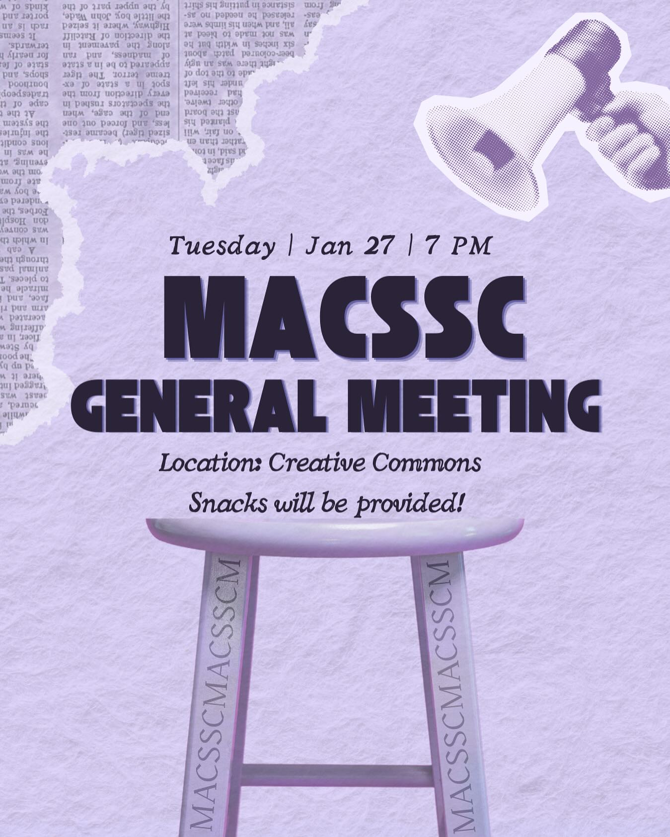 MACSSC General Meeting! Make sure to stop by as you’ll have the opportunity to hear from some of our electoral candidates 💜
🗓 Tuesday, January 27
⏰ 7 PM
📍 Creative Commons
Snacks provided — see you there!