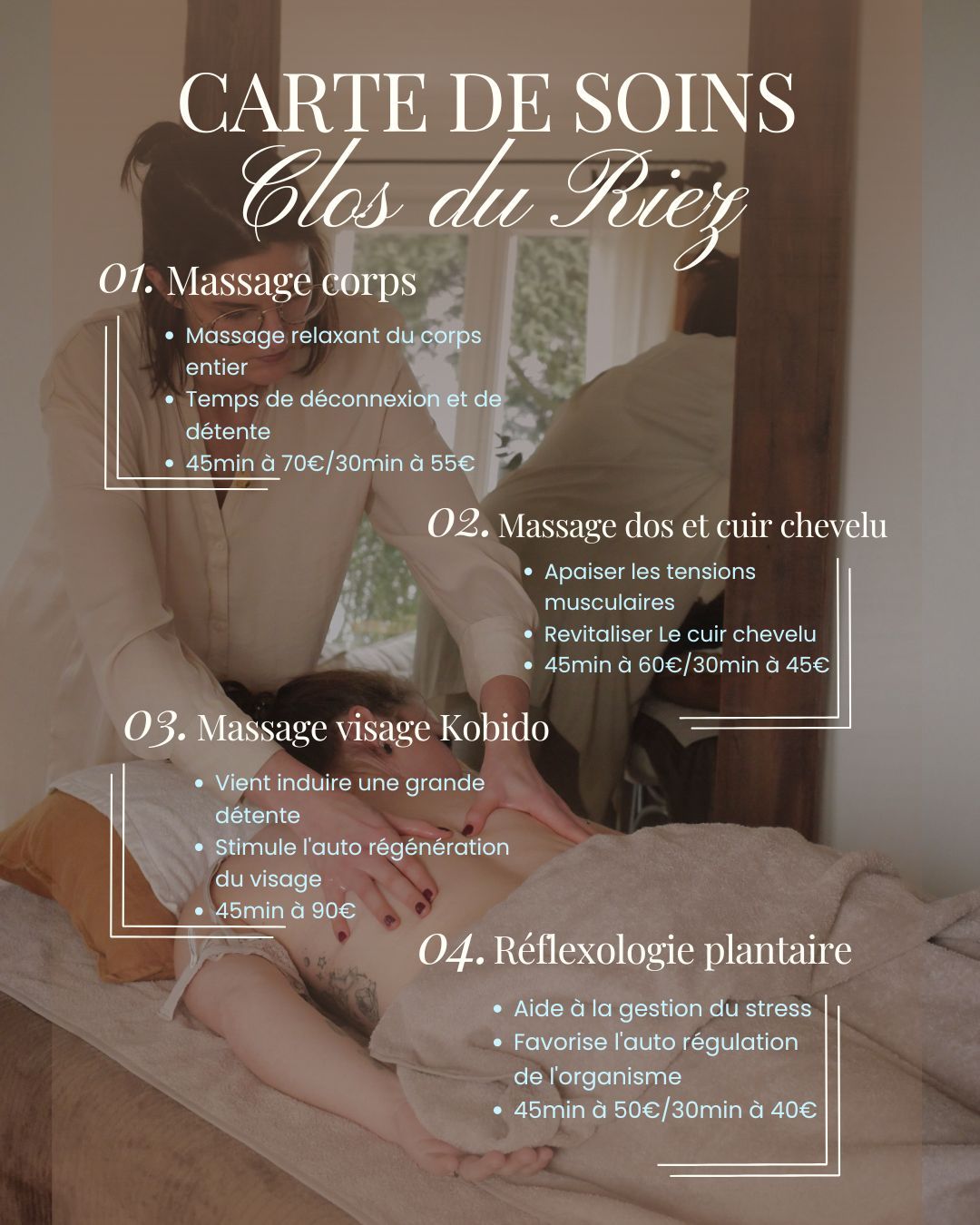 ✨ Nouveauté : ma carte de soins exclusive au Clos du Riez ✨
Dans ce lieu où le temps semble ralentir, où l’on respire un air de calme et de nature…
Je suis heureuse de vous annoncer la création d’une carte de soins conçue spécialement pour Le Clos du Riez 🌿
Au programme :
💆♀️ Massages détente & bien-être
👣 Réflexologie plantaire
💆🏼 Massage visage
… des instants privilégiés pensés pour relâcher le corps, apaiser l’esprit et s’offrir un moment rien qu’à soi 🕊️
Un véritable cocon hors du temps, où chaque soin s’adapte à vos besoins du moment.
Une invitation à se déposer, à ressentir, à ralentir.
📍 Retrouvez-moi désormais au @closduriez
📅 Sur réservation – plus d’infos en message
Et si vous vous offriez une parenthèse hors du quotidien ? ✨