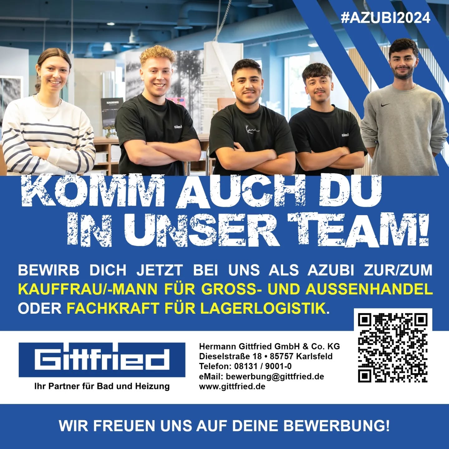 KOMM INS TEAM GITTFRIED
Du stehst kurz vor dem erfolgreichen Abschluss Deiner schulischen Laufbahn und suchst nun nach dem passenden Ausbildungsplatz? ✅
Du bist aufgeschlossen, lebensfroh und kannst gut mit Deinen Mitmenschen? ✅
Du kannst Dich schnell für neue Aufgaben begeistern und erledigst diese mit Fleiß und Zuverlässigkeit? ✅
Dann bewirb Dich jetzt schriftlich bei uns und werde ab September 2024 Teil unseres Teams. 📝🤚
Wir freuen uns auf Deine aussagekräftige Bewerbung!
.
#gittfried #karlsfeld #ausbildung #ausbildungsplatz #ausbildung2024 #azubi2024 #lehre #beruf #bildung #anzeige #dachau #münchen #fürstenfeldbruck #starkesteam
#jetztbewerben #kauffrau #kaufmann #lagerlogistik