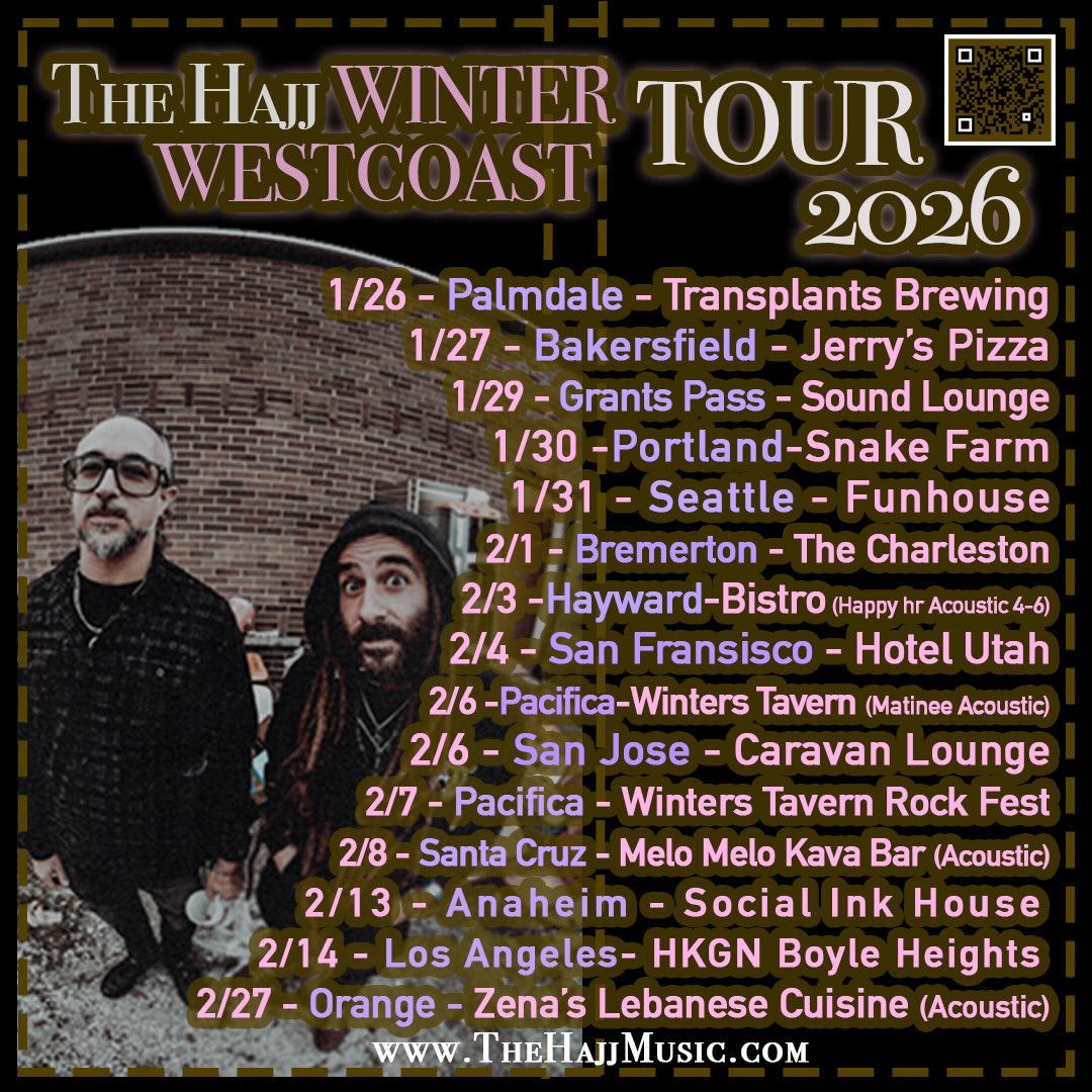 Updated #WestCoastTour2026 flier!
We had an amazing start of the tour in Palmdale and Bakersfield!!
Next stop: Grants Pass, OR tomorrow (1/29) at @soundloungegp with the homies @hard2market.punk
See you all at the show!! 🤘🏽
#thehajj #thehajjmusic #tour #music #diy
