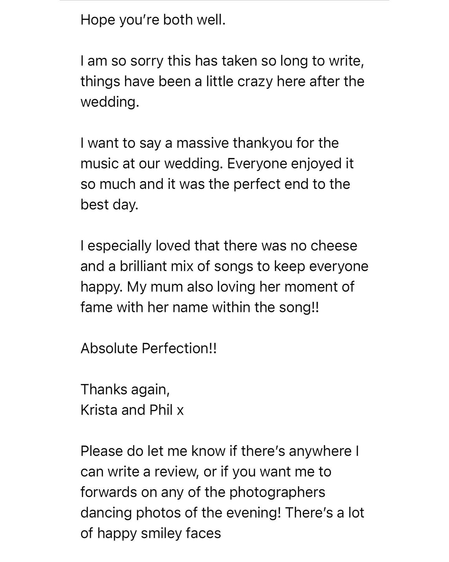 Love to read these. Just nice to know we’re doing what we promised. Recently had a peculiar review, the only negative one in six years. All because we mixed tracks ‘like a DJ’, didn’t spend all night on microphone, and actually played a lot of the tracks requested by the guests and couple. We’re still confused over it, because we are a DJ service, not Quiz Show hosts….. These emails of love restore the good vibes. @matt_bowler_dj Big Up your chest!! ❤️❤️🔥 #sugarbumps #djlife #djservice