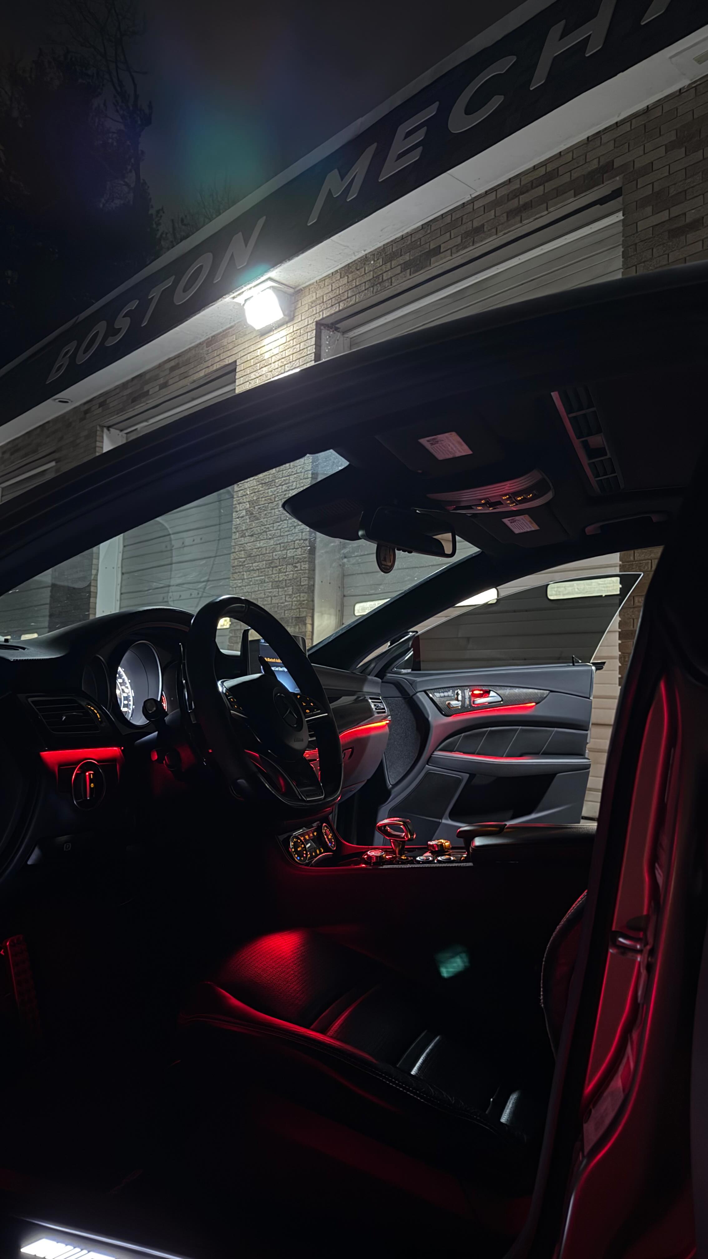 2015 CLS 63s ambient lighting installation: from 3 basic colors to 64 customizable options.
#bostonmechanics #cls #lights #mercedes #amg