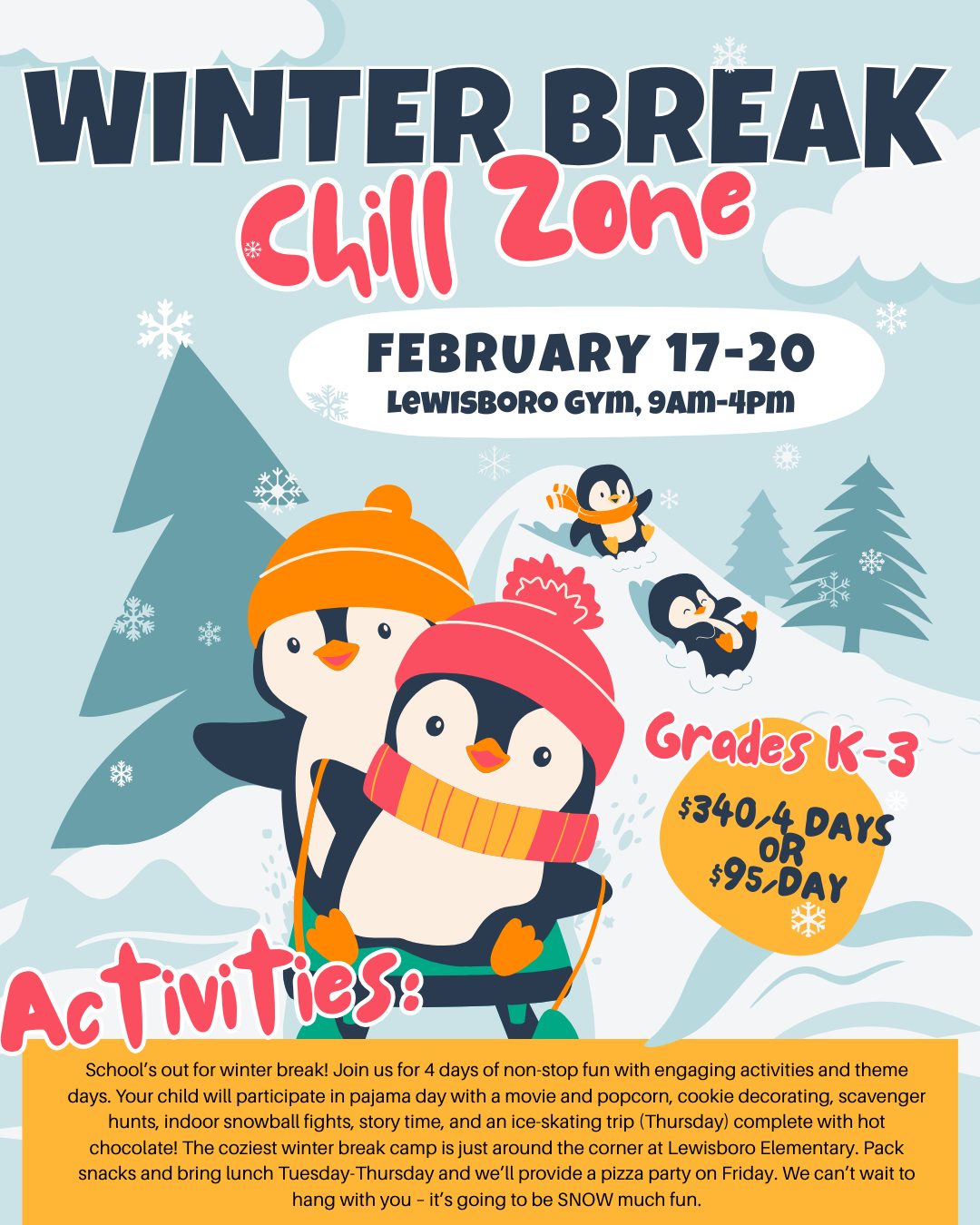 Looking for childcare for winter break? ๐We've got you covered with two different options for different grade levels. Sign up soon to secure a spot!