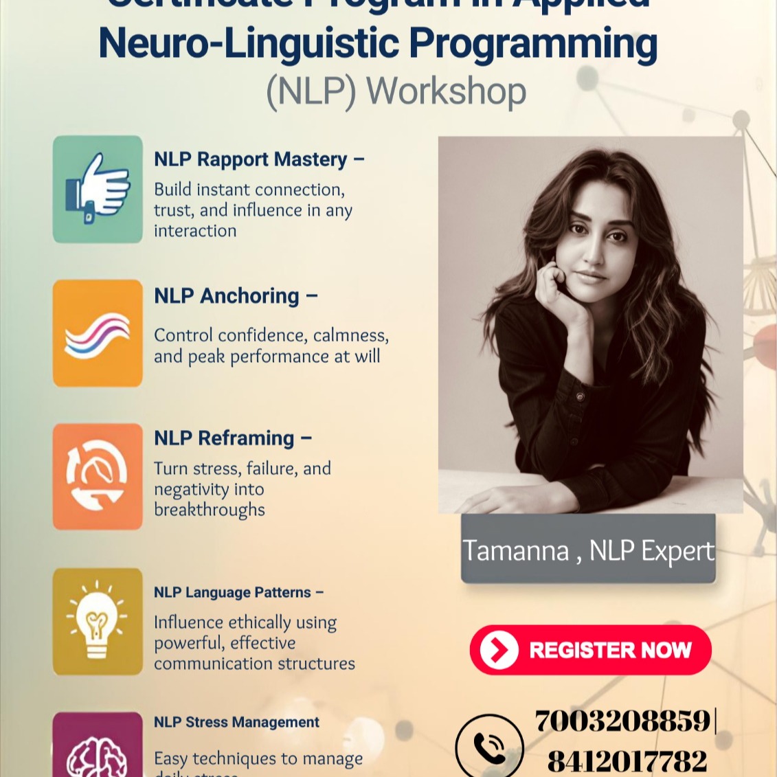 Confidence.
Influence.
Mental Mastery.
Learn Applied NLP and upgrade how you think, speak, and lead.
✨ Build instant rapport
✨ Control your emotional state
✨ Handle stress like a pro
✨ Speak with power & clarity
📍 Kolkata
🗓 28 Feb 2026 | 11 AM – 4 PM
🎓 Certificate Workshop
Seats are limited.
📞 7003208859 | 8412017782
🔴 Register Now
#NLPWorkshop #MindsetCoach #WomenInLeadership #ConfidenceIsPower #TamannaGuhaRai #AppliedNLP