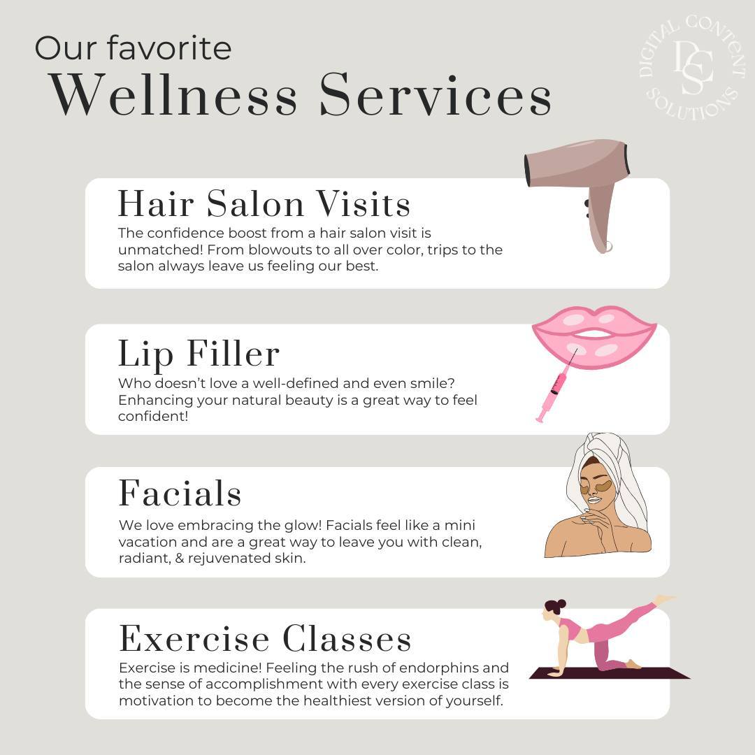 It's Wellness Wednesday and we're sharing some of our favorite wellness services! 🧖♀️🌿
What kind of services are essential to your wellness routine?
#Wellness #WellnessRoutine #HairCare #Facials #LipFiller #Exercise #WellnessMarketing