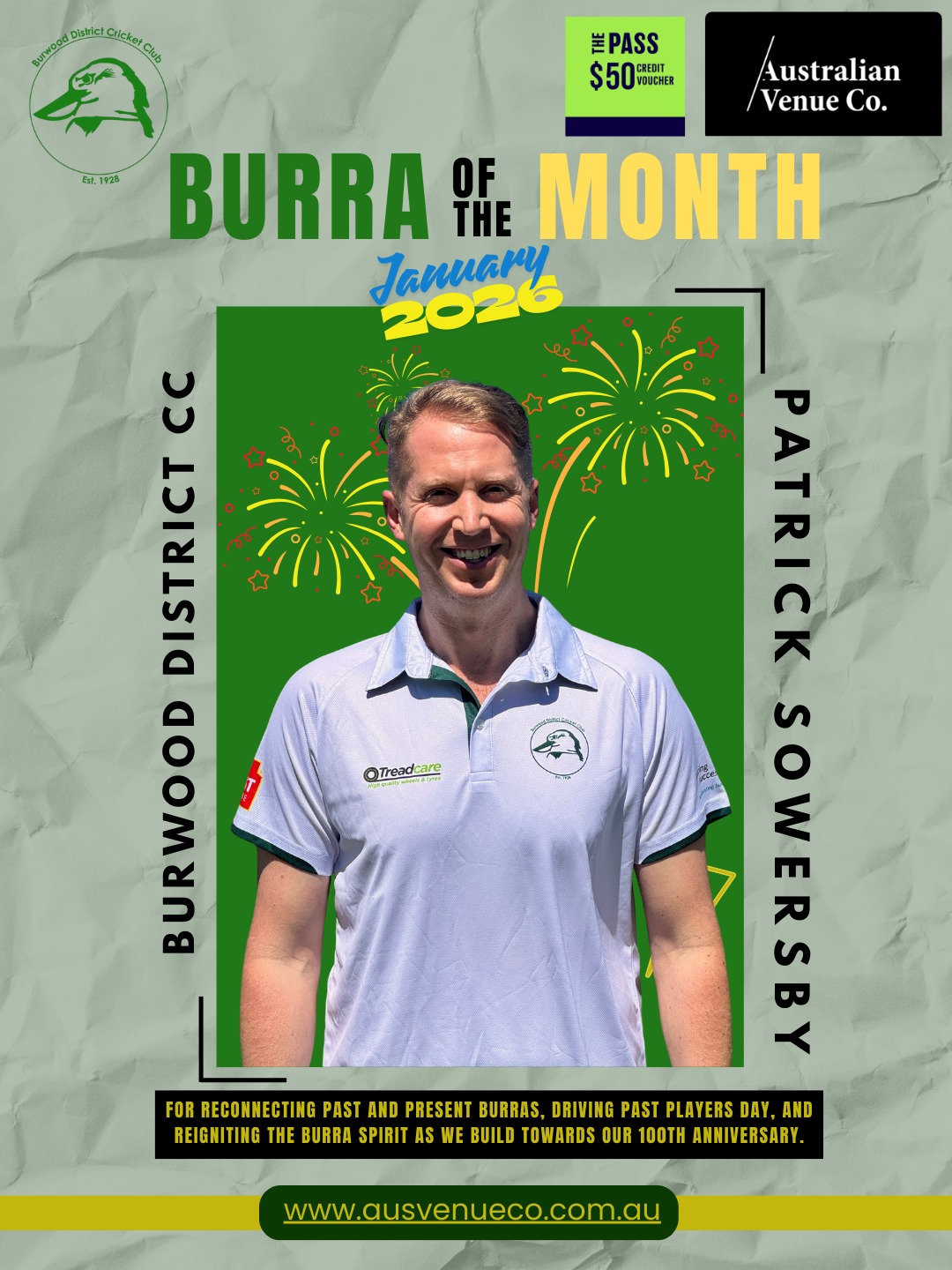 🌟Burra of the Month – January 2026 🌟
Our first Burra of the Month for 2026 goes to @patsowersby for the impact he’s made beyond the boundary and across generations of the club.
Over the past few weeks, Patrick has driven Past Players Day, successfully bringing together current and former Burras and strengthening the connections that make Burwood District Cricket Club special. His initiative and commitment have helped rejuvenate the Burra network at a pivotal time, as we build momentum toward our 100th anniversary ✨
A big thank you to Australian Venue Co for supporting this initiative. Patty receives a $50 credit voucher via The Pass App 🎁🍻
Well deserved — and thank you for everything you continue to do for the Burras 👏