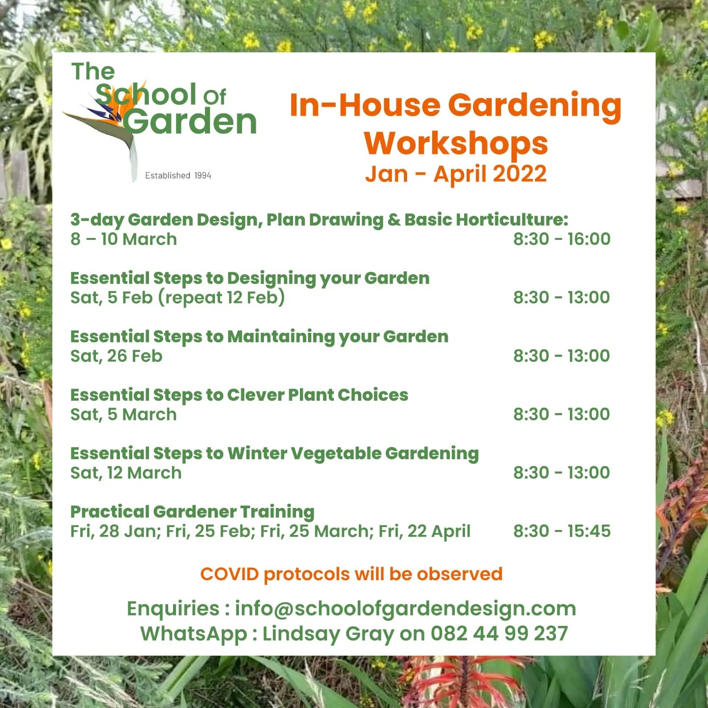 Join me on one or more of our informative and empowering workshops in Hillcrest. This Saturday - 26 Feb - we will be discussing the 5 key elements of Garden maintenance (basic horticulture). Contact Lindsay on WhatsApp 0824499237.
#theschoolofgardendesign #basichorticulture #compost #mulch #pruning #fertilisers #feedingyourgarden #foliarfeeds #vermiculture #organics #naturalpestcontrol