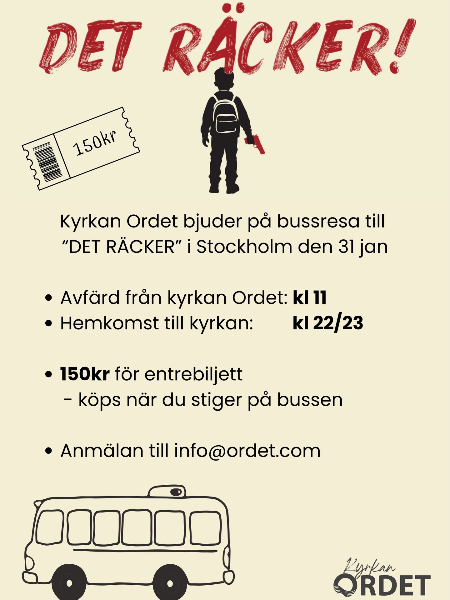 Det finns fortfarande platser kvar!!!
*Info för resan*
- Avfärd Kyrkan Ordet i Ödeshög: kl. 11.00
- Hemkomst till Ödeshög: ca kl. 22.00–23.00
- Kyrkan står för busskostnaden
- Biljett till evenemanget: 150 kr (betalas när du stiger på bussen)
- Det blir inget stopp för att stanna och äta. Så ta med egen matsäck på bussen.
- Det finns toalett på bussen.
- Bussen stannar i Linköping på Q8 vid Ikea för att hämta up dem som hellre åker från Linköping än Ödeshög. Det tar 40min mellan kyrkan och Q8 i Linköping så dem så åker därifrån kan vara redo vid 11.45. Hemkomsten är såklart 40min tidigare än i Ödeshög med.
*Info för arenan*
- *Tider*
• 13:30 Entréerna öppnar
• 14:00 Arenan öppnar
• 15:00 Galan börjar
• 17:00 Paus (ca 15 min)
• 17:15 Minnesstund
• 18:00 Galan slutar
- *Praktisk info*
• Väskor större än 40×40×20 cm, paraplyer, flaskor, mat & dryck får inte tas med in.
• Ingen garderob eller förvaring finns.
• Hög säkerhetsnivå → kom i god tid.
• Vid problem: informationsdisk vid entré D eller prata med evenemangsvärdar.
- *Mat & dryck*
• Finns att köpa i arenan (hamburgare, pizza, nachos, snacks m.m.).
• Glutenfria & vegetariska alternativ finns.
• Återanvändbara muggar används – lämnas i insamlingskärl efteråt.