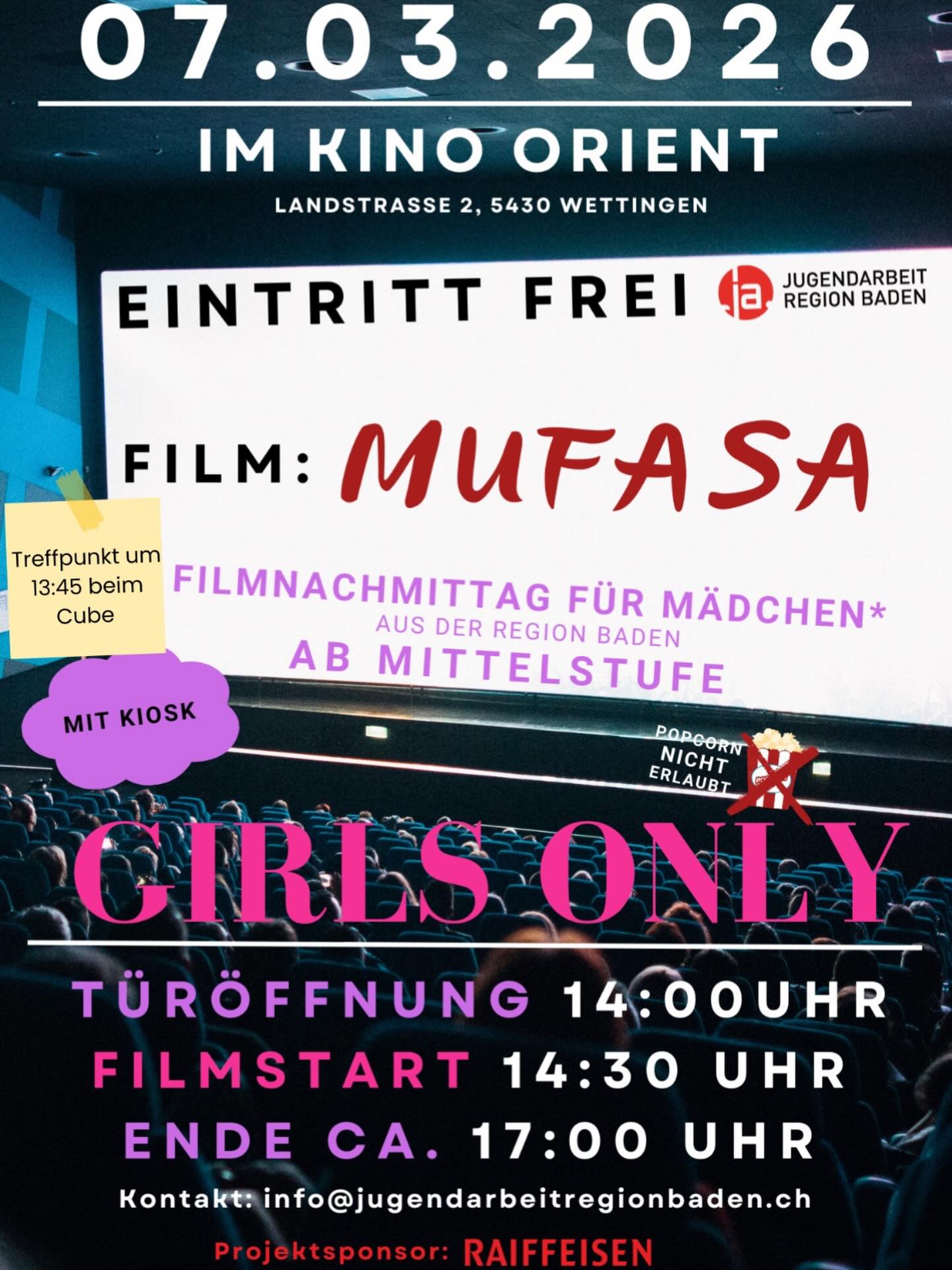 Regionaler Girls only Kinonachmittag im Kino Orient am Samstag, 7. März 2026 🎥🍿 Wir treffen uns um 13.45 Uhr beim Cube und laufen gemeinsam zum Kino Orient! Wir freuen uns 🤩
#kino #mufasa #girlsonly #jebennetbaden #cube