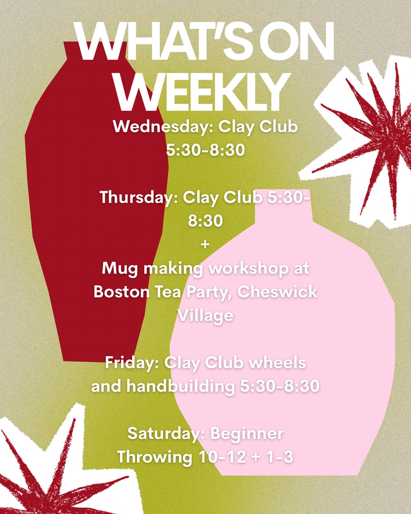 ✨January has been a soggy doggy so far but we won’t let that stop us!✨
✨embrace the rain and get yourself booked onto a cosy workshop this week- we have a guided session at @btp.cheswick with Mez plus a tonne of clay club sessions in the studio where you can freestyle and experiment✨
✨we have expert potters on hand for all clay club sessions so you don’t need to have lots of experience and we have lots of lovely project books you can look through for inspiration- plus it’s BYO so you don’t have to break the bank on a relaxed midweek pick me up✨
✨ps valentines is coming up and we can guarantee handmade gifts go down a treat hehe✨