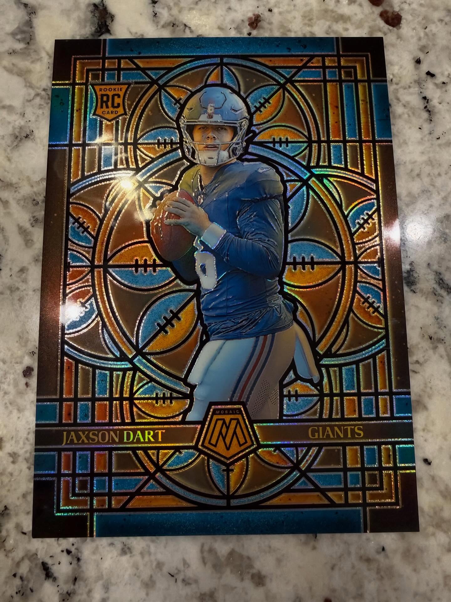 Jaxson Dart stained glass is a beautiful card. #jaxsondart #mosiacstainedglass #panini #sportscards #nygiants