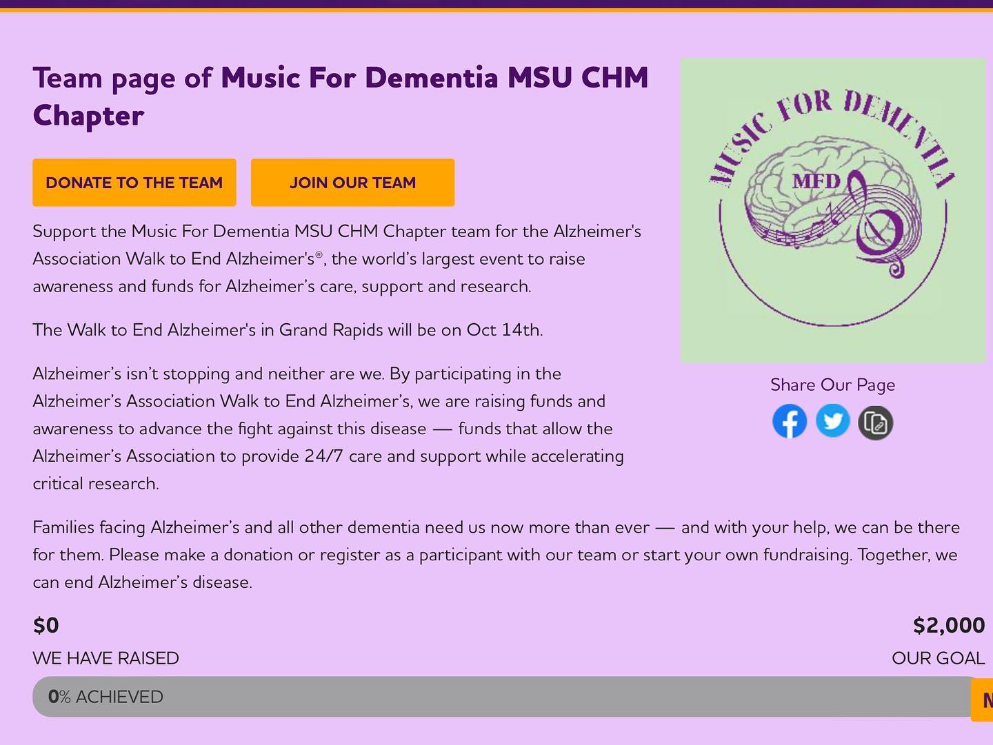 Alzheimer’s isn’t stopping and neither are we! Join the MSU CHM chapter of MFD to raise awareness and funds for Alzheimer’s care, support, and research on October 14th in Grand Rapids. Link to join: http://act.alz.org/goto/MusicForDementiaMSUCHMWalktoEndAlzheimer #walktoendalzheimers #alzheimers #dementia #awareness #msuchm #grandrapids