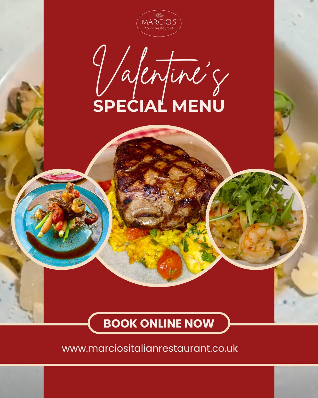 Love is officially on the menu… ❤️🍷
Our Valentine’s Menu are now available to view on our website, and they've been carefully created for an evening made to be savoured.
Featuring beautifully crafted dishes, indulgent flavours, and just the right amount of romance - perfect for celebrating love in all its forms, whether it’s first-date butterflies or years of shared memories.
Soft lighting.
Exceptional food.
That unmistakable Marcio’s magic.
Join us this Valentine’s Day and let us take care of everything, so all you need to do is enjoy the moment.❤️
At Marcio’s Italian Restaurant, romance is always best served at the table. 🤍🍽️
📍 Castle Road, Bedford
📞 07768 431715
📧 info@marciositalianrestaurant.co.uk
💻 Book now - www.marciositalianrestaurant.co.uk
🍷🍝 Slow evenings, full hearts, unforgettable flavours. We can’t wait to welcome you at our Bedford restaurant! ❤️🇮🇹
#MarciosItalian #ValentinesAtMarcios #DateNight #RomanticDining #ItalianRestaurant #ValentinesMenu #BedfordFood