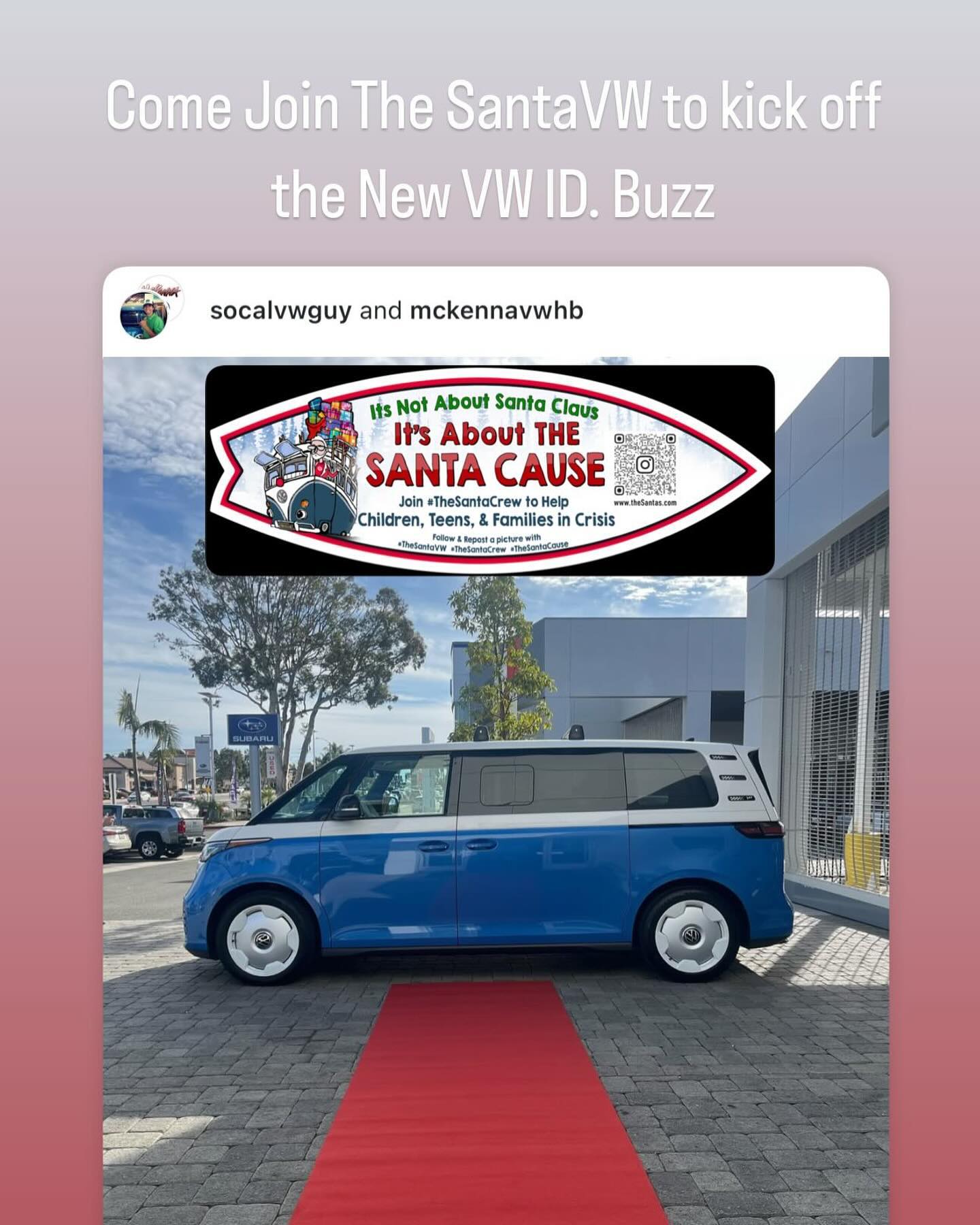 Come join @theSantaCrew and @theSantaVW at @mckennavwhb VW ID.Buzz for sale. Check out the classic VW Bus show benefiting @robynes_nest