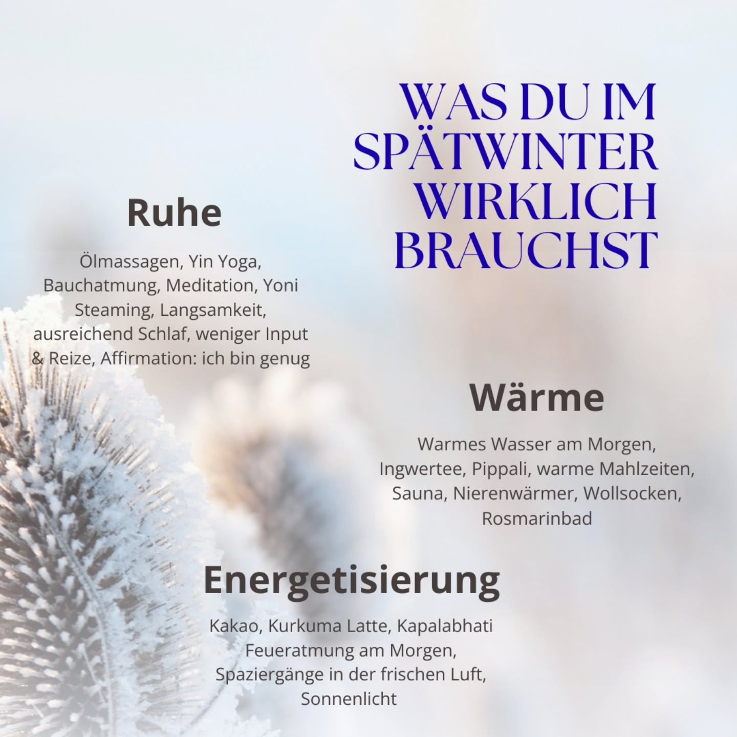 Die Kraft des neuen Zyklus
Spätwinter ist nicht die Zeit loszupreschen.
Auch wenn der Jahresbeginn auf den 1. Januar festgelegt wurde ist die Zeit für nach Außen zu gehen der Frühling. Wie auch in unserem weiblichen Zyklus gehen wir nach der Zeit für Rückzug während der Blutung mit neuer Kraft in die Aufbau (Folikel) Phase.
Lass dich mit dem zunehmenden Licht langsam und sanft aus dem Winterschlaf küssen und so in deiner Energie in einen neuen bewussten Zyklus starten
🤎