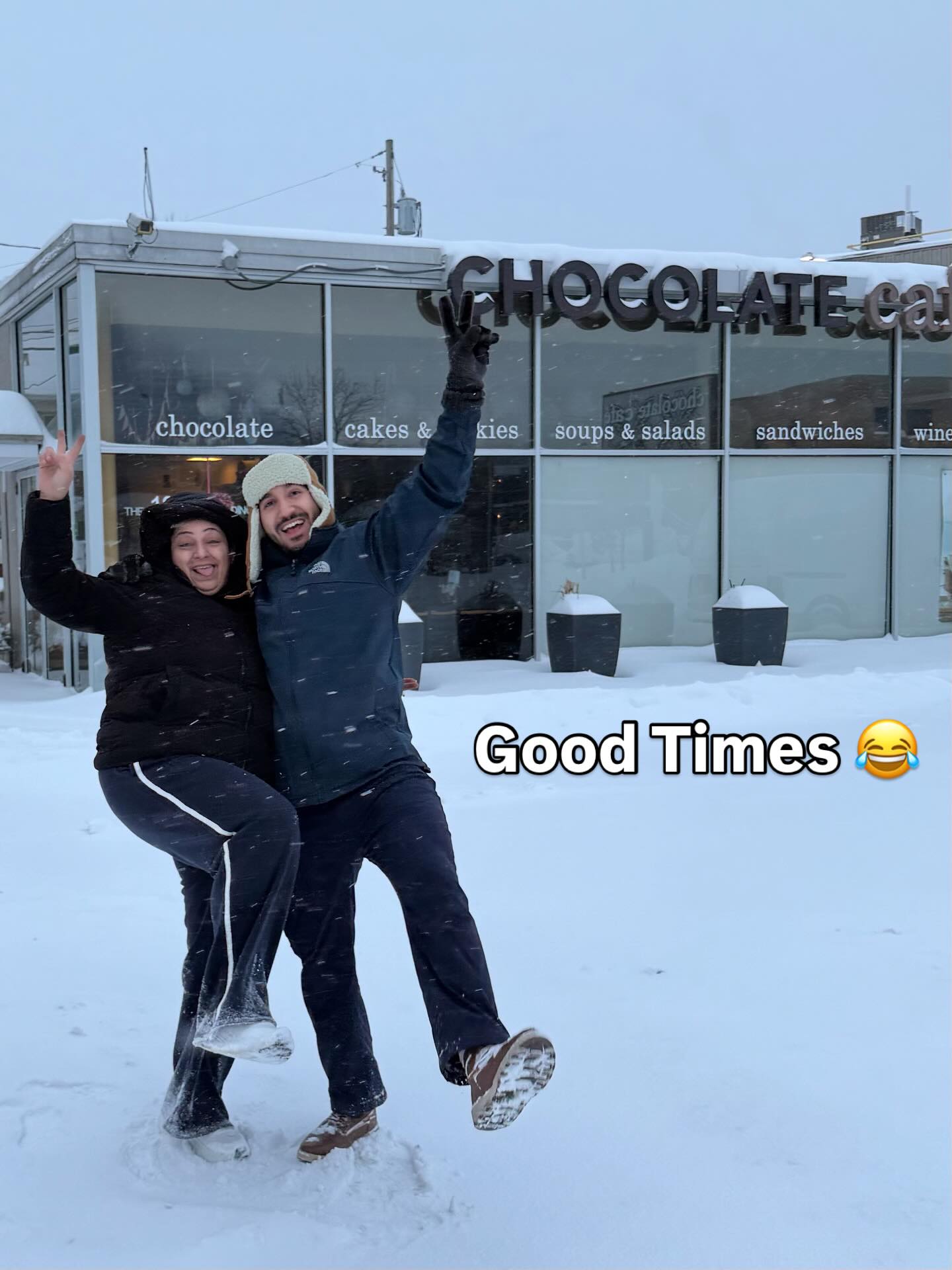 This is what happens your staff has an unexpected day off. 😂😂 We’ll be back at it tomorrow at 8 am. #snowstorm #happypeople #opentomorrow #chocolatecafe