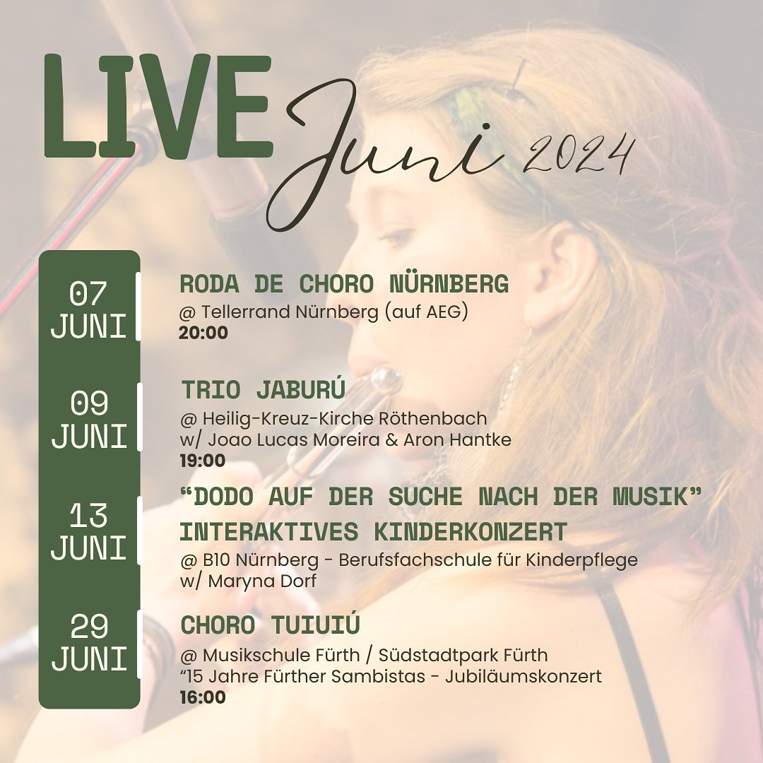 Passend zum Wochenstart hier ein paar Veranstaltungstipps und Ankündigungen des Monats.
Es ist wieder einiges los, auf verschiedenen Bühnchen mit ganz wunderbaren Menschen.
@m.joaolucas
@aronhantke
@marquitosmilian
@maryna_musik
@ohrenspielerei
Ich freue mich drauf und hoffe euch bei der ein oder anderen Gelegenheit natürlich zu treffen!
#live #livemusic #musicianslife #choro #rodadechoro #chorotuiuiu #triojaburu #brazilianmusic #kinderkonzert #dodoaufdersuchenachdermusik #neuetermine #kalender