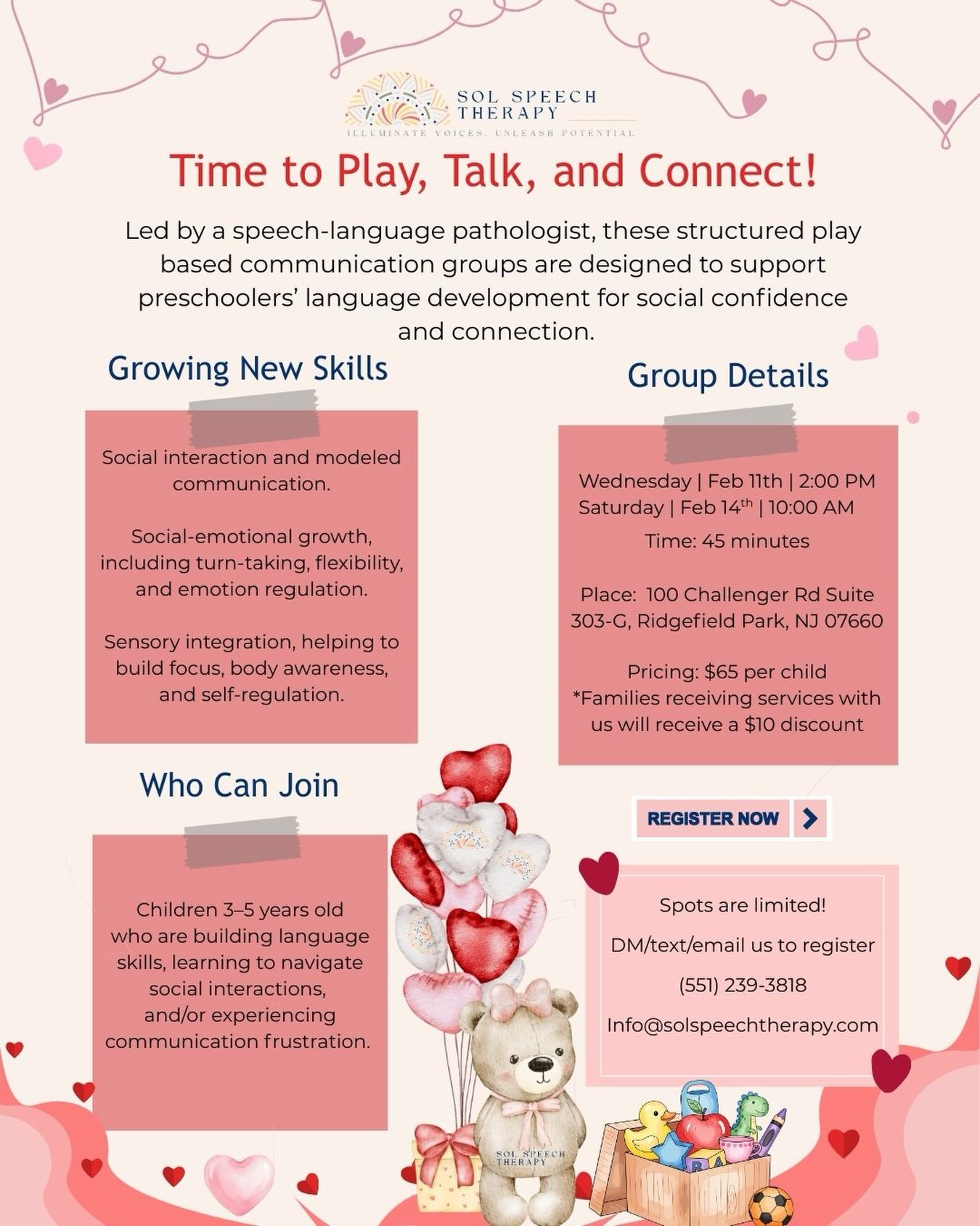 Connection grows through play ❤️
Our Valentine’s social group helps preschoolers practice communication and peer interaction. Spots are limited, DM to register.
.
.
.
.
.
.
.
#PreschoolParents #PlayBasedLearning #SocialSkillsKids #EarlyCommunication #SpeechTherapySupport