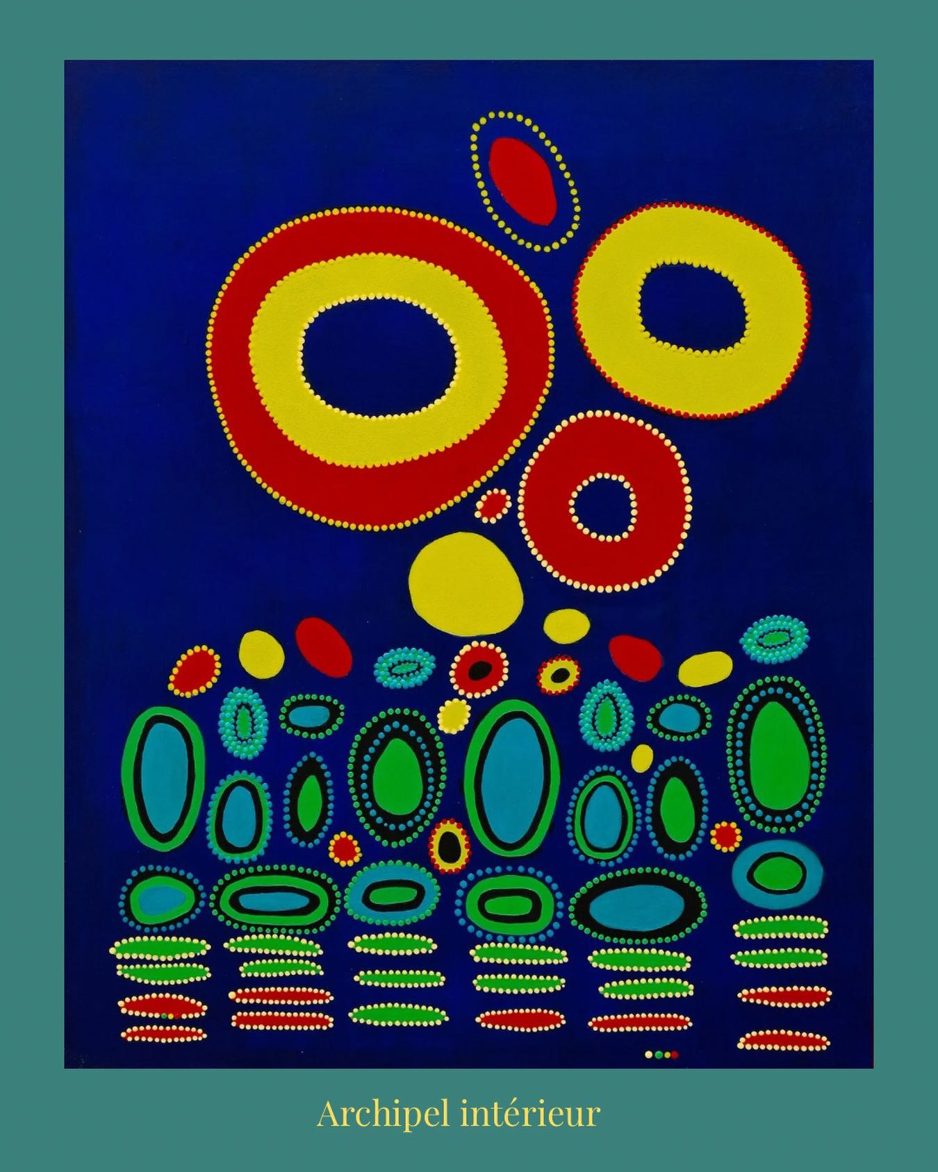 « Archipel intérieur « : cartographie d’un monde invisible ! Et si nos pensées ressemblaient à ça ? Une danse de couleurs primaires sur fond bleu profond.
#pointillismemoderne #visualart #venteenligne #contemporaryart #artistefrançaise