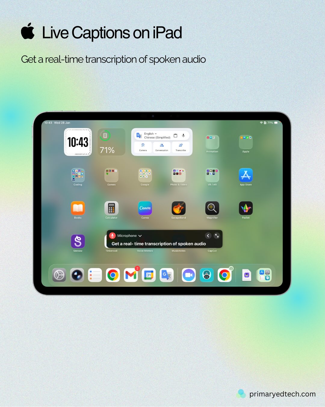 Live Captions on iPad is one of those accessibility features that quietly makes a huge difference 💬
It gives a real-time transcription of spoken audio — system audio, apps, or the microphone — directly on screen.
Swipe through to see how it works:
• Turn it on via Settings → Accessibility → Live Captions
• Choose the audio source you want to transcribe
• Move and resize the caption window
• Copy captions for notes, summaries, or follow-up work
• Customise colours, size, and transparency
In classrooms, this is incredibly powerful for:
✔️ students with hearing difficulties
✔️ EAL learners
✔️ noisy learning environments
✔️ supporting focus and comprehension
✔️ making spoken content more inclusive for everyone
Worth enabling and showing students how to use.
#Accessibility #LiveCaptions #iPadInEducation #InclusiveClassrooms #EdTech