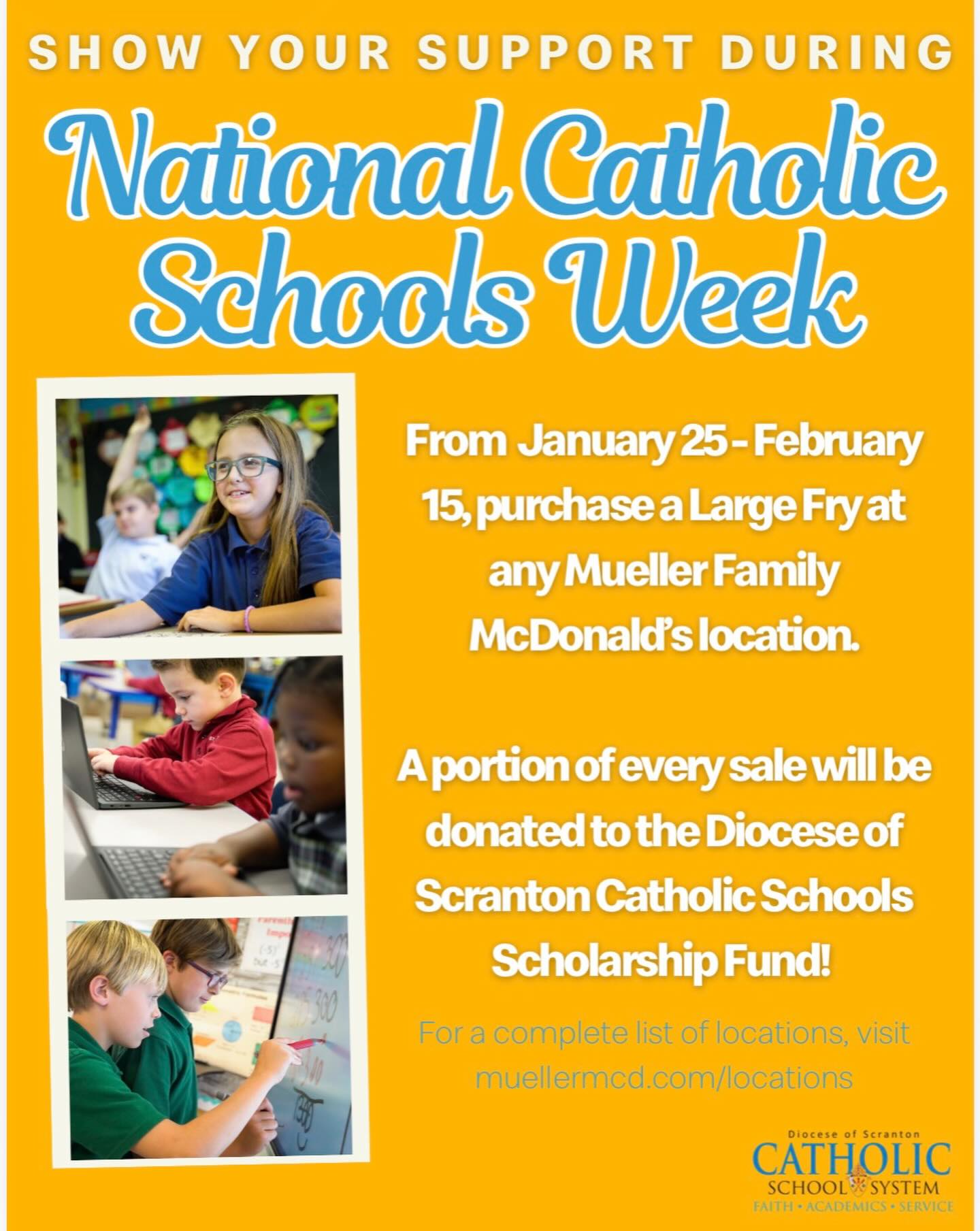 Now through February 15th, your large fry purchase will support a students greater education. Visit any one our locations and buy your large fries or download the app and request a delivery 📦 🍟 #mcdelivery #mcdonalds #supportingducation @dioceseofscranton