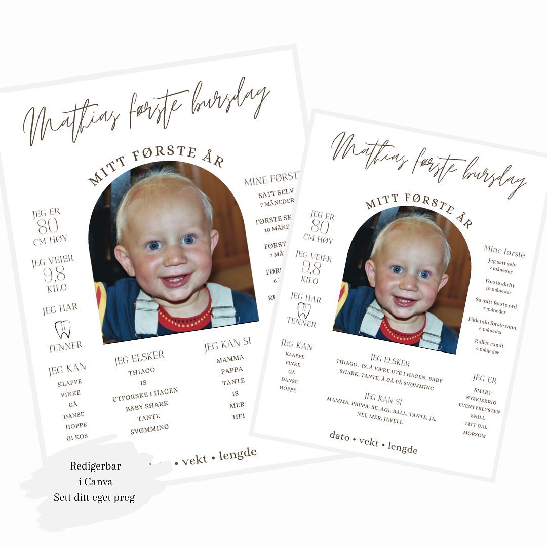 Milepæler - Mitt første år 🌸
En fin plakat som tar for seg det barnet har lært ila det første leveåret. Alle punkter kan byttes ut og tilpasses. Det samme med bilder, font og oppsett 🤍
#spådomsark #framtidsquiz #dåpsquiz #dåp #konfirmasjon #milepæler #mittførsteår #minner