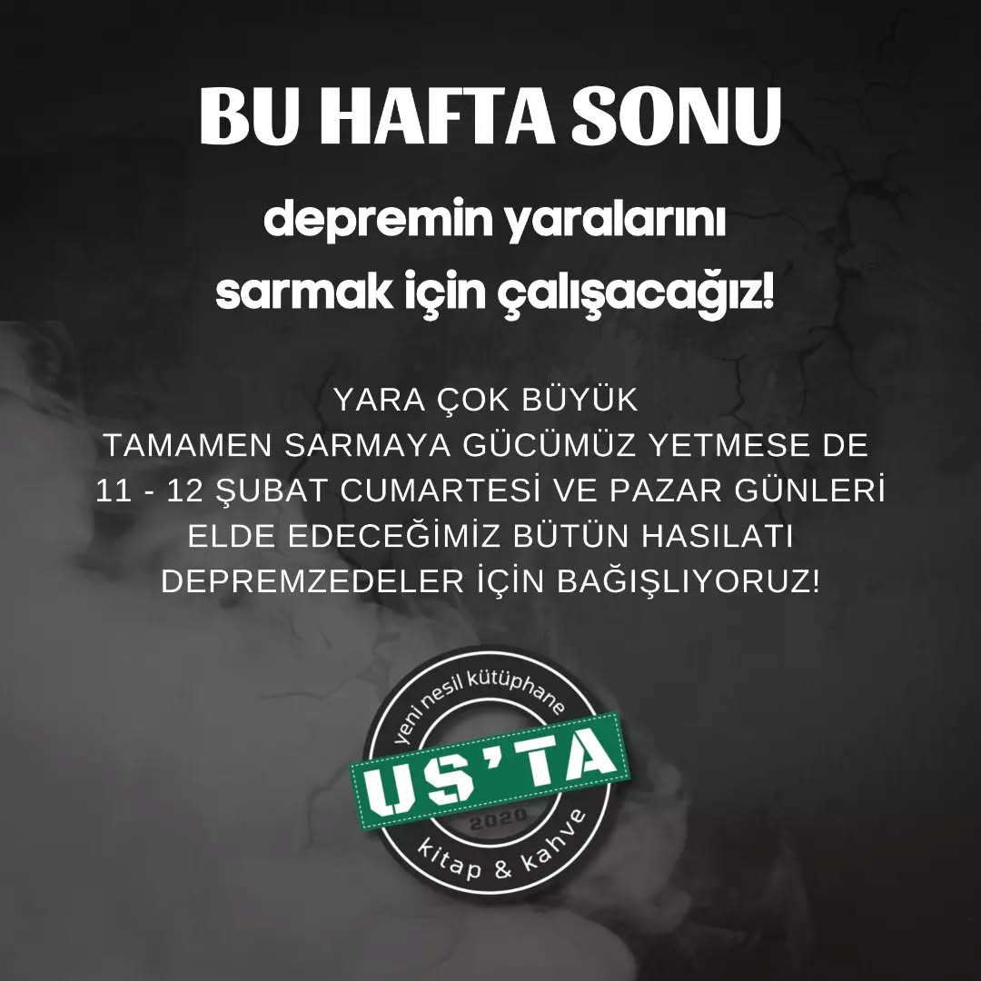 Evet yara çok büyük
tamamen sarmaya gücümüz yetmese de
11 - 12 ŞUBAT CUMARTESİ VE PAZAR gunlerinde elde edeceğimiz bütün hasılatı depremzedeler için bağışlıyoruz!
#ustakutuphane #kizilaydakutuphane
#6şubatdepremi
#kahramanmaraşdeprem #hataydeprem #malatyadeprem #adıyaman #adıyamandeprem #şanlıurfa #diyarbakir #kahramanmaraş #adana #elbistandeprem #elbistan #gaziantep #gaziantepdeprem
#yks2023ankara #yks2023 #kpssankara #tus #hakimliksınavı
#afad #ahbap