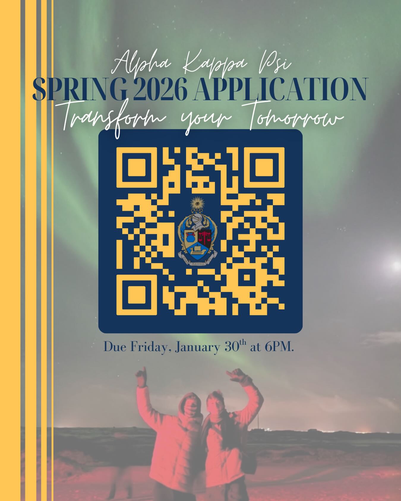 Our application is now LIVE!
Access our Spring 2026 application by scanning the QR code above or clicking the link in our bio! The application must be completed to participate in our rush process and has a hard deadline of Friday, January 30th @ 6:00pm.
Make sure to fill out our rush interest form in our bio before completing our application!