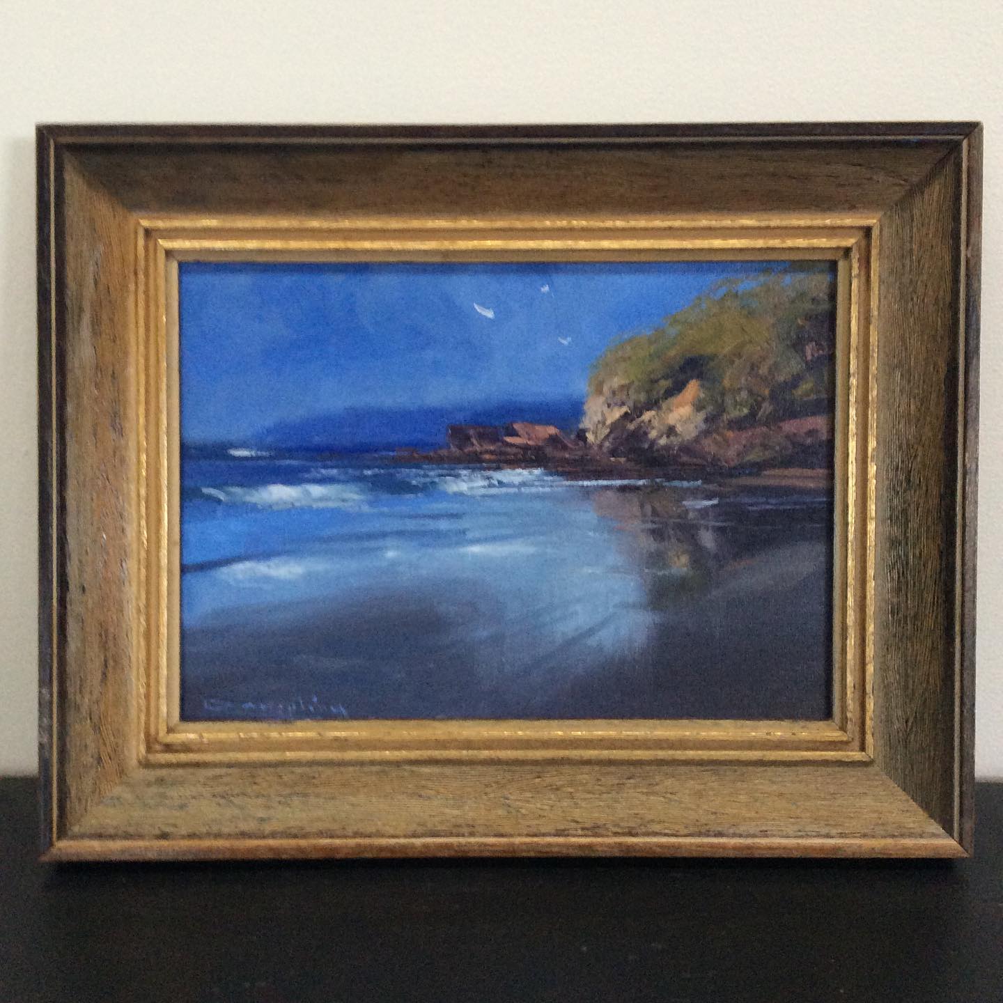 New work, temporarily housed in a vintage frame, good old Pambula Beach ... not a bad place to find yourself #pambulabeach #classicalart #oilpainting #oiloncanvas #pambulabeachnsw #sapphirecoastnsw #artistsoninstagram #artist #traditionalart #traditionalartistsoninstagram