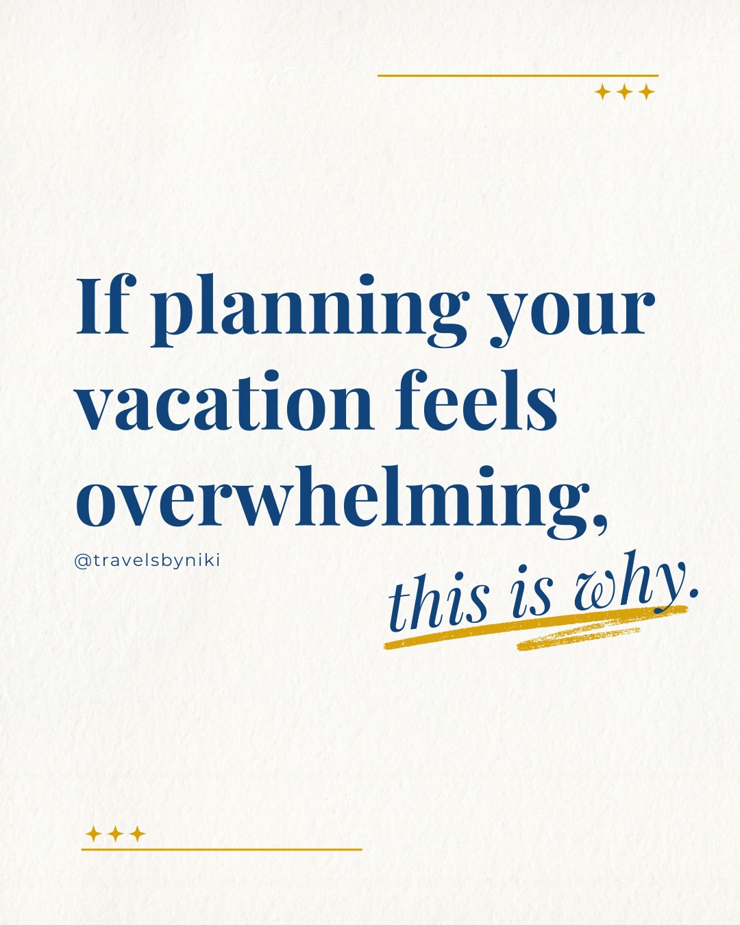 Planning your own vacation sounds simple in theory.
Until you realize every decision affects the next one.
Resort choice affects location.
⬇️Location affects excursions.
⬇️Excursions affect pacing.
⬇️Pacing affects whether you come home rested or exhausted.
This is why you feel stuck — not because you're incapable, but because you're missing the full picture.
Good planning isn’t about more information.
It’s about better filtering.
If planning feels heavier the more you try to “figure it out,”
that’s a sign — not a failure.
.
.
#travelplanning #diytravel #diyvacation #diytrips #travelsbyniki
