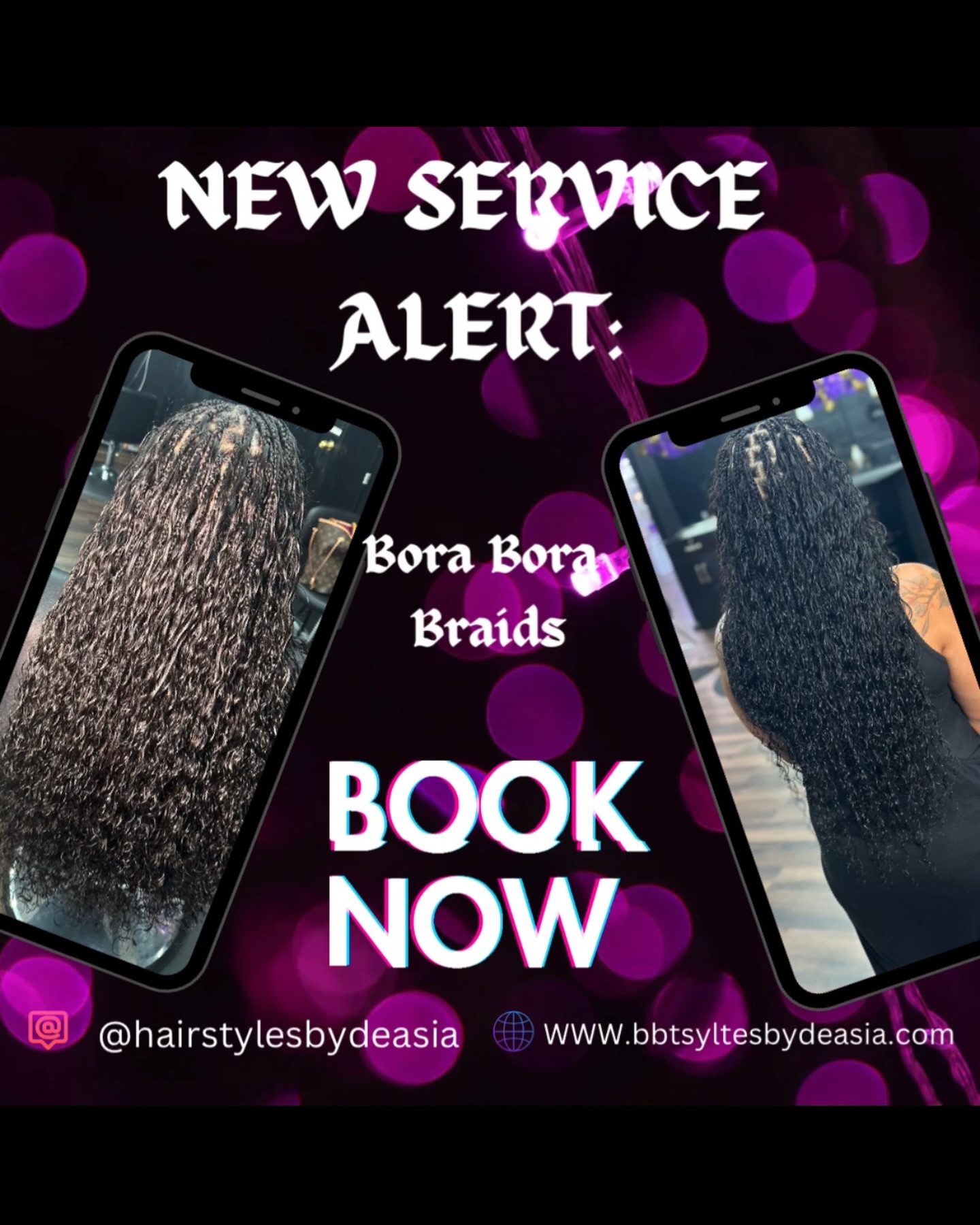 🚨 Alert Alert Alert ‼️
New Service Alert: Bora Bora Braids!
Experience the ultimate summer style with our 100% human hair Bora Bora Braids. Lightweight and perfect for vacations, especially if you’ll be in the water. Book your appointment today!
#HairstylesByDeasia #HarrisburgNC #LinkInBio #BoraBoraBraids #CharlotteNC