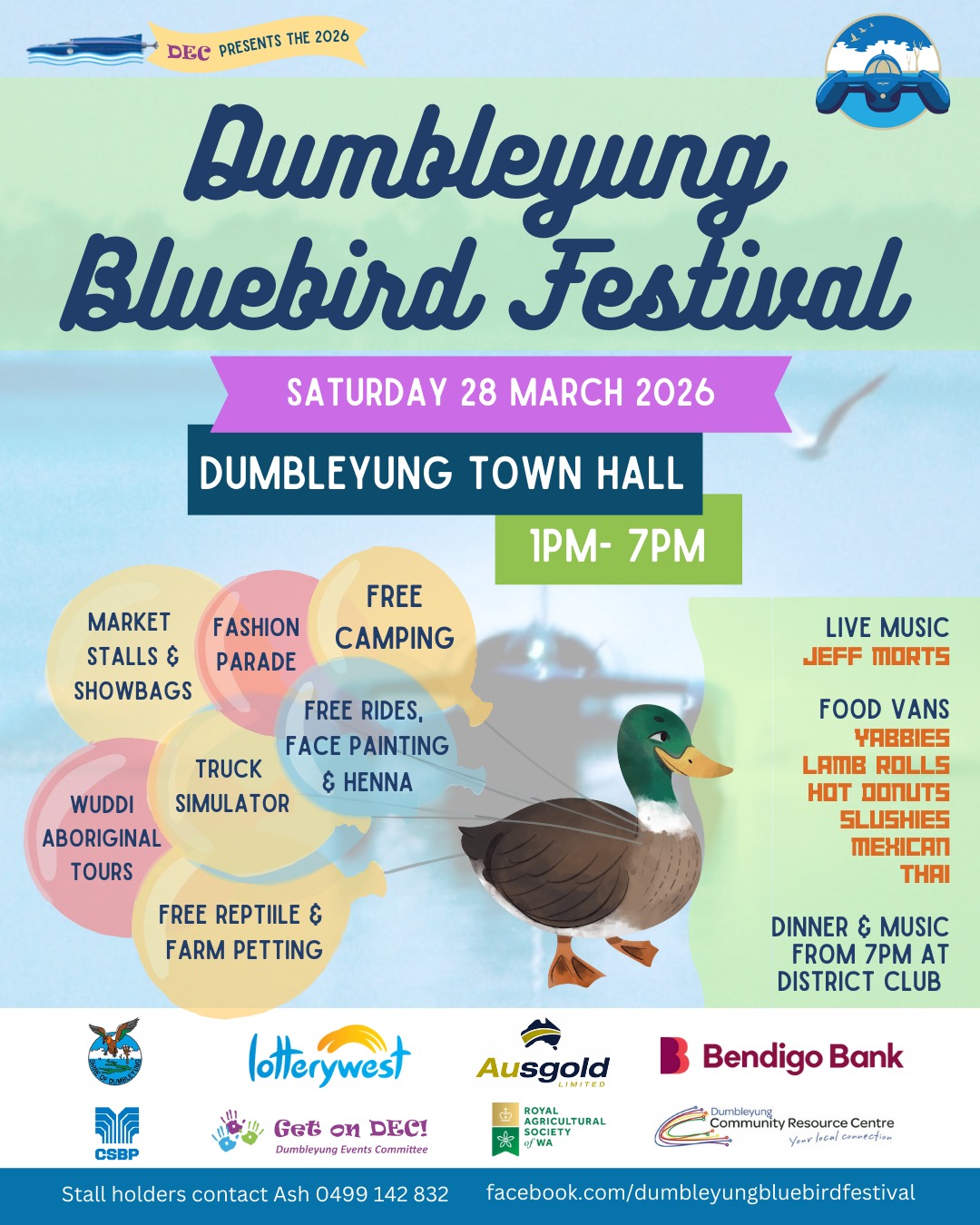 ๐๐ถ Dumbleyung Bluebird Festival ๐ถ๐
The much-loved Dumbleyung Bluebird Festival is back โ and itโs shaping up to be a fantastic day for the whole community!
๐ Dumbleyung Town Centre - Dawson Street, Dumbleyung WA 6350
๐
Saturday 28 March
โฐ 1:00pm โ 7:00pm
Enjoy an afternoon of:
โจ Live music and entertainment
๐๏ธ Market stalls
๐ก Free rides and family fun
๐จ Kidsโ activities and face painting
๐ Food vans and local treats
Bring the family, catch up with friends, and soak up the vibrant community atmosphere that makes this festival so special.
๐ Mark it in your calendar, like the Dumbleyung Bluebird Festival page and follow the event to keep an eye out for more details!