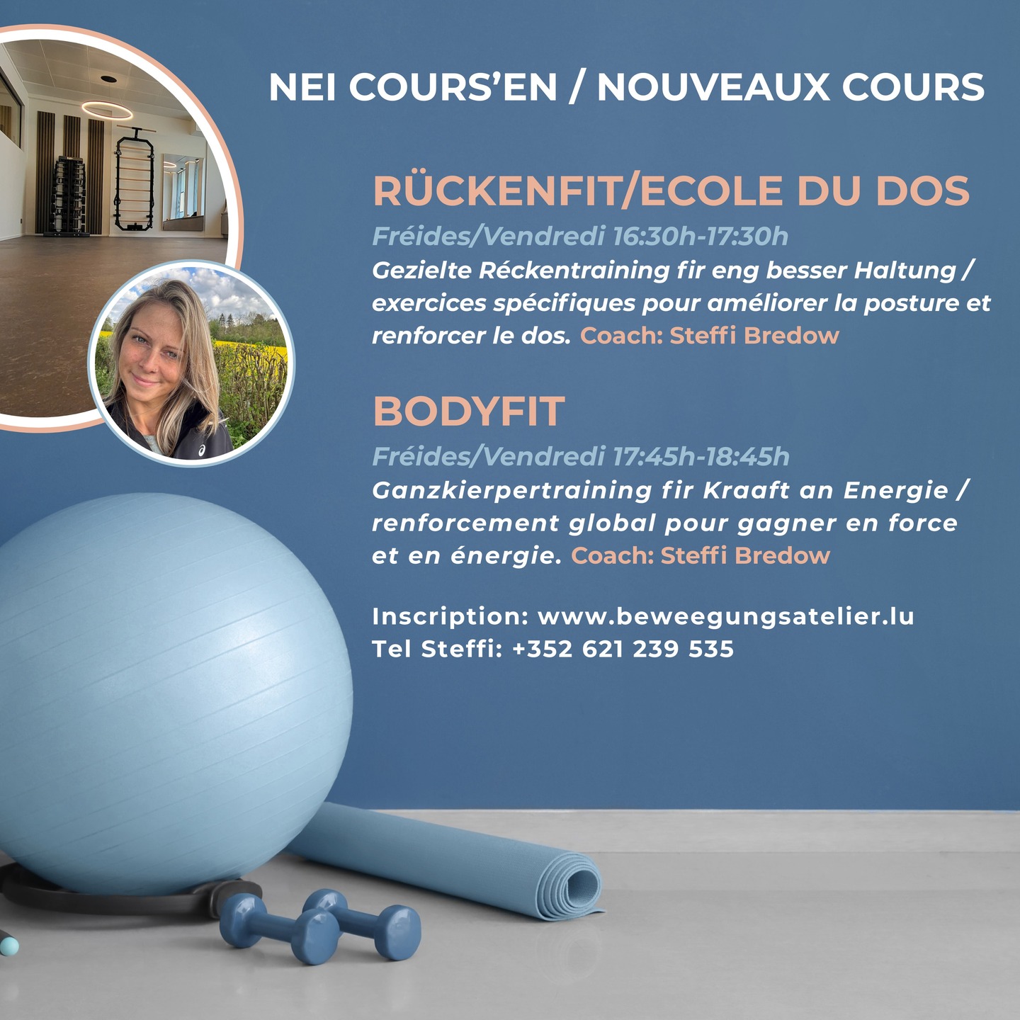 📢 Entdeckt eis nei Cours’en! 🖥️✨ 💙 Als Kinepraxis begleede mir iech individuell bei Peng oder bei der Reha. Fir d’Beweeglechkeet duerno ze erhalen an sech laangfristeg wuel ze spieren, ass et wichteg, weider a Beweegung ze bleiwen 💪🧘♀️ Dofir sinn eis Cours’en eng flott, zousätzlech Méiglechkeet. E grousse Merci un d'Steffi— dat mat Häerz a Kompetenz dobäi ass 🤝✨ Dir géifft eis eng Freed machen wann dir dësen Post deelt 🥰
📢 Découvrez nos nouveaux cours 🖥️✨
En tant que cabinet de kinésithérapie, nous vous accompagnons individuellement en cas de douleurs ou pendant la rééducation. Pour préserver ensuite la mobilité et se sentir bien sur le long terme, il est important de rester en mouvement 💪🧘♀️
C’est pourquoi nos cours sont une belle option complémentaire.
Un grand merci à Steffi — toujours au rendez-vous avec beaucoup d’engagement, de cœur et de compétence 🤝✨ Merci de partager 🥰