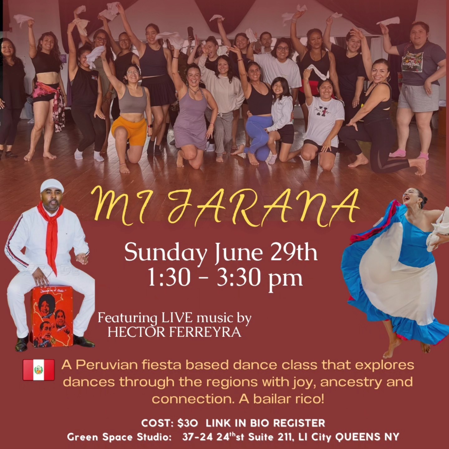 It's on and poppin this weekend! 💃🏽🇵🇪💯🥳 I'm super happy to share that this Sunday's Jarana class will include special guest and super talented @jeretoconga live on percussion 🎶🎶🎶 Essooooooo! Can't wait to get everyone dancing and taking it back to the real JARANA!
Come through mi gente ! This will be the culmination of June classes and I'm gonna go full out ❤️❤️❤️❤️
✅️To register, click the link in BIO. Any questions, email me at kaypachadance@gmail.com.
CLASS DESCRIPTION:
* MI JARANA: (Open level)
Special 2 hour fiesta inspired Peruvian dance experience !
This class is a step-by-step dance journey to several regions of Peru through dance (costa, sierra y selva). It's a 'jarana en la sala' playlist and a vibe that I enjoyed as a child at my family parties in Peru. We will explore dances such as Festejo, Alcatraz, Huayno, Cumbia Amazonica, Marinera and more. I will teach the basics steps and encourage you to find your inner jarana ! Con su recutecu, ofcourse ! Open level, high energy & fun, so bring all your tias. If you need to get loose, dance, & reconnect con la vibra Peruana, this is the class for you.
See you on the dance floor 💃🏽🇵🇪💯🥳❤️🙌🏽
#kaypachadance #peruviandanceNYC #peruviandanceclasses #mijarana #PERUtoNYC #costasierraselva #vamospayaaaa