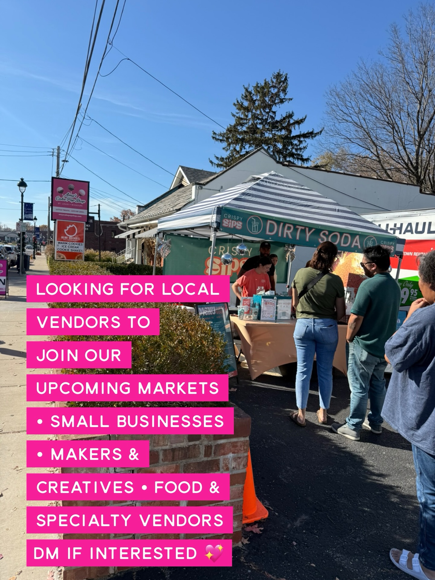 Local Vendors Wanted! 🌸
Local makers & small businesses
First Sunday of every month
10 AM – 2 PM | May–November
Limited spots available
Now booking all months
Message if interested
* these are the days and times for the markets that will be held at Amy’s Cake Pop Shop. If you are interested in the Webster Groves farmers market being held at Maypop, message them directly.