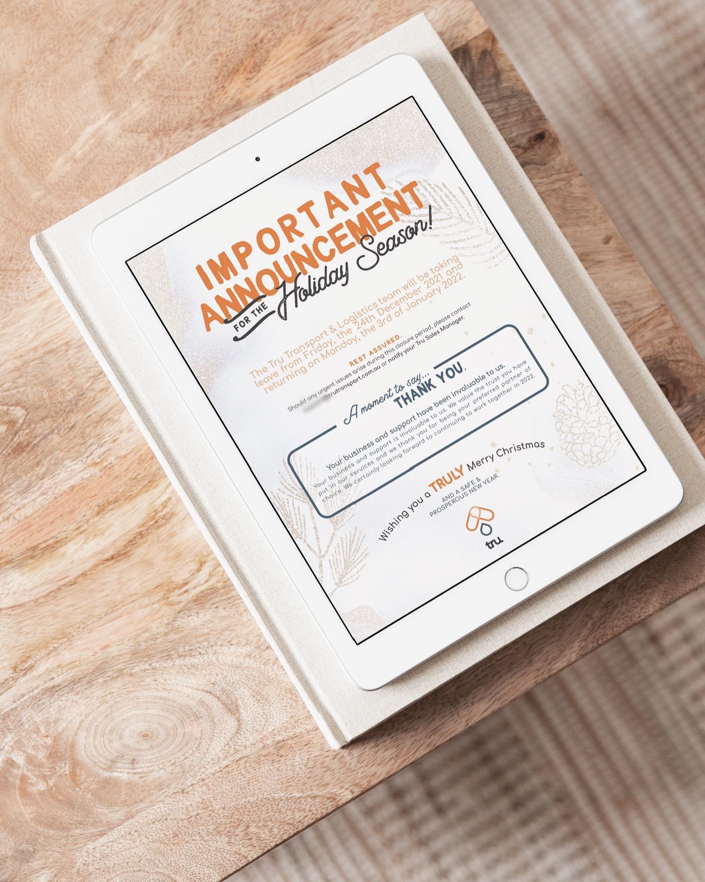 A little throwback to some Christmas communication graphics for Tru Transport & Logistics.
Holiday periods can be unpredictable and ensuring your communicating information regarding closure periods, irregularly working times and availability helps instil confidence from your clients within you.
Communication is key, as they say!
It can be as simple as a quick email blast - distributing a digital comms graphic (like so). It can make the world of difference to your most valuable clientele.
-
#graphicdesigner #graphicdesignmelbourne #graphicdesignerperth #graphicdesign #graphicdesigncommunity #melbournegraphicdesign #melbournegraphicdesigner #brandingdesign #brandideas #logodesign #modernlogo #minimallogodesign #freelancedesigner #freelancegraphicdesign #branddesign