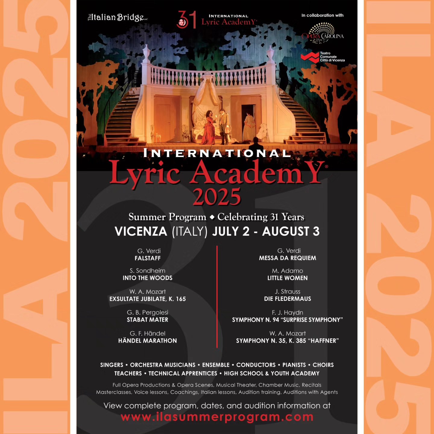 We are so excited to announce the 2025 ILA Season
Link in Bio for info & to apply!
Come to sing in Italy with us ❤️
Follow @internationallyricacademy
.
.
.
.
.
.
.
.
#internationallyricacademy #operasingers #yaptracker #singinitaly #summerprogram #ilasummerprogram #apply #now #to #singinitaly #with #ilasummerprogram #picoftheday #pictureoftheday #soprano #opera #tenor #baritone #mezzosoprano #bass #countertenor #italy #summerinitaly #cantainitalia #musicaltheatre