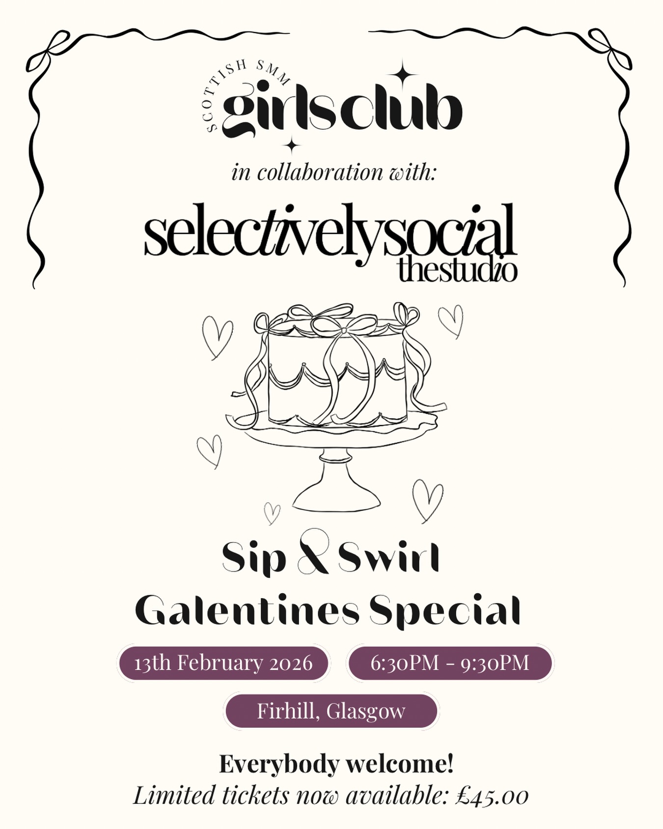 Your Galentine’s night plans are officially sorted 💌
Galentine’s, but make it creative, cozy, and FUN 🧁✨
We’re so excited to share our first SMM Girls Club event of 2026 and honestly, we’re starting the year exactly how we mean to go on 👏🏼
On Galentine’s Day, Friday 13th February (evening), we’re hosting a Sip & Swirl event in collaboration with Selectively Social: The Studio, one of our very own Girls Club members’ gorgeous space 😭 which means we’re coming back to GLASGOW!!
And yes, this event is now open to the public! 💌
This night is all about:
🧁 Putting the tools down
📵 Phones away
👯♀️ Catching up with girls you don’t always get time to chat to
🎨 Creating something just for fun
🍾 Being present, relaxed, and fully in your zone
You’ll be given a beautiful little cake box and all the tools you need to decorate your own cakes, which you then get to take home and eat (or show off first, obviously). There’s also time to grab some lovely content in the studio too 📸
It’s BYOB. Soft drinks, fizz, cocktails, non-alcoholic, whatever you fancy 🥂
Bring your own snacks too if you want something to nibble while we sip, swirl and chat!
The vibe:
January stress = DONE
2026 energy = ON
Good girls, good chats, good cake!
🧁 Sip & Swirl: Galentine Special
📅 Friday 13th February
🕙 6:30pm to 9:30pm
📍 Selectively Social: The Studio, Firhill, Glasgow
To book, comment “sip & swirl” below or head to @selectivelysocialthestudio’s bio link 💌
We cannot wait to celebrate Galentine’s with you 🥹💖