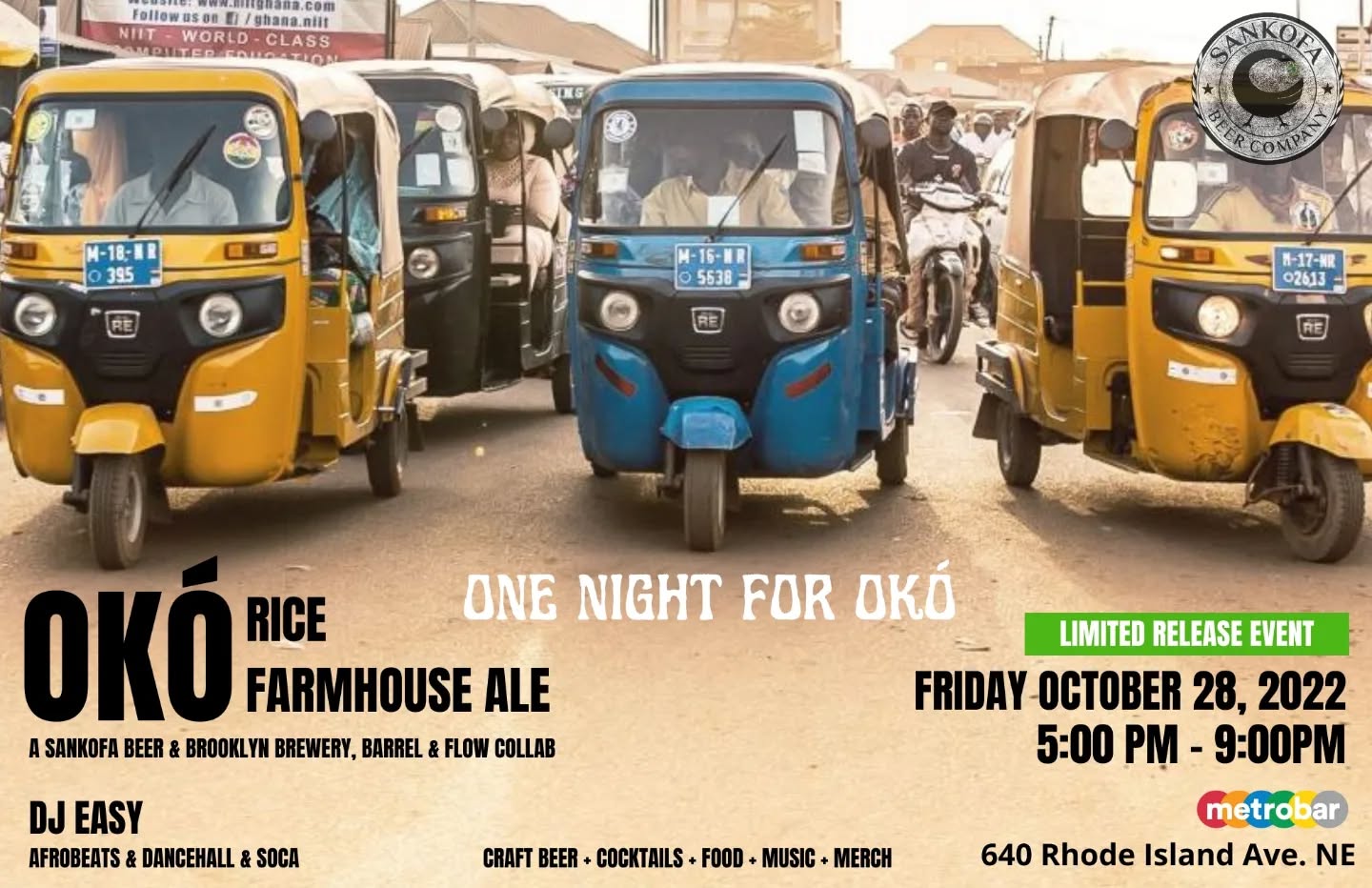 Kick off the weekend as we celebrate the Limited Release of Okó in DC! For ONE NIGHT ONLY we will be at @metrobardc pouring our latest beer collab. 🍻
This is a FREE event. RSVP Link In Bio
This beer is a collaboration between us and @brooklynbrewery, brewed for @barrelandflow 2022
Beer Description: Okó Farmhouse Ale, 6.5% Abv, This spicy, fruity farmhouse ale, is made with red and black rice courtesy of the Jubilee Justice Black Farmers Rice Project. This beer was carefully crafted and brewed by Kofi Meroe, founder and head brewer of Sankofa Beer and world renowned Garret Oliver, Brewmaster at Brooklyn Brewery.
#SankofaBeer #CultureMeetsCraft #CraftBeer #DistrictofColumbia #DrinkLocal #BuyLocal #SuppprtBlackBusiness #PremierBeer #Oko #HYPEbiscusSZN
#Collaboration #AfroBeat #AfroBeer