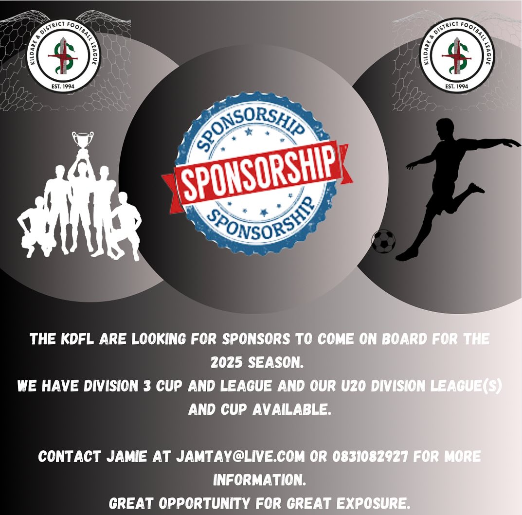We are looking for sponsors to come on board for our u20 divisions, division 3 league and cup, senior/premier shield and KDFL league shield.
Business logo will be on all images pertaining to that league, will be shown in papers and our newly refurbished website which will be ready to go by 2026 season kick off.
Great opportunity to get your business name out there.
Message me privately on 0831082927 or messenger to get more details.
Looking forward to being back/ clock is ticking
⚽️⚽️⚽️⚽️⚽️⚽️⚽️⚽️⚽️⚽️