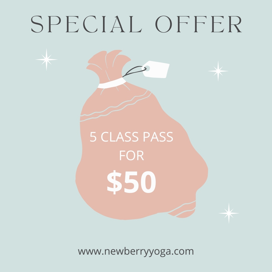 We have a special holiday offer you don't want to miss out on! This is a perfect gift for you and your friends!
Our class pass special is ONLY $50 for 5 classes!! This special offer only lasts till the end of December. You can purchase this online or in-studio.
#NewberryYoga #gentleyoga #yinyoga #yangyoga #RestorativeYoga #meditation #specialoffer #yogagift #yogaspecial