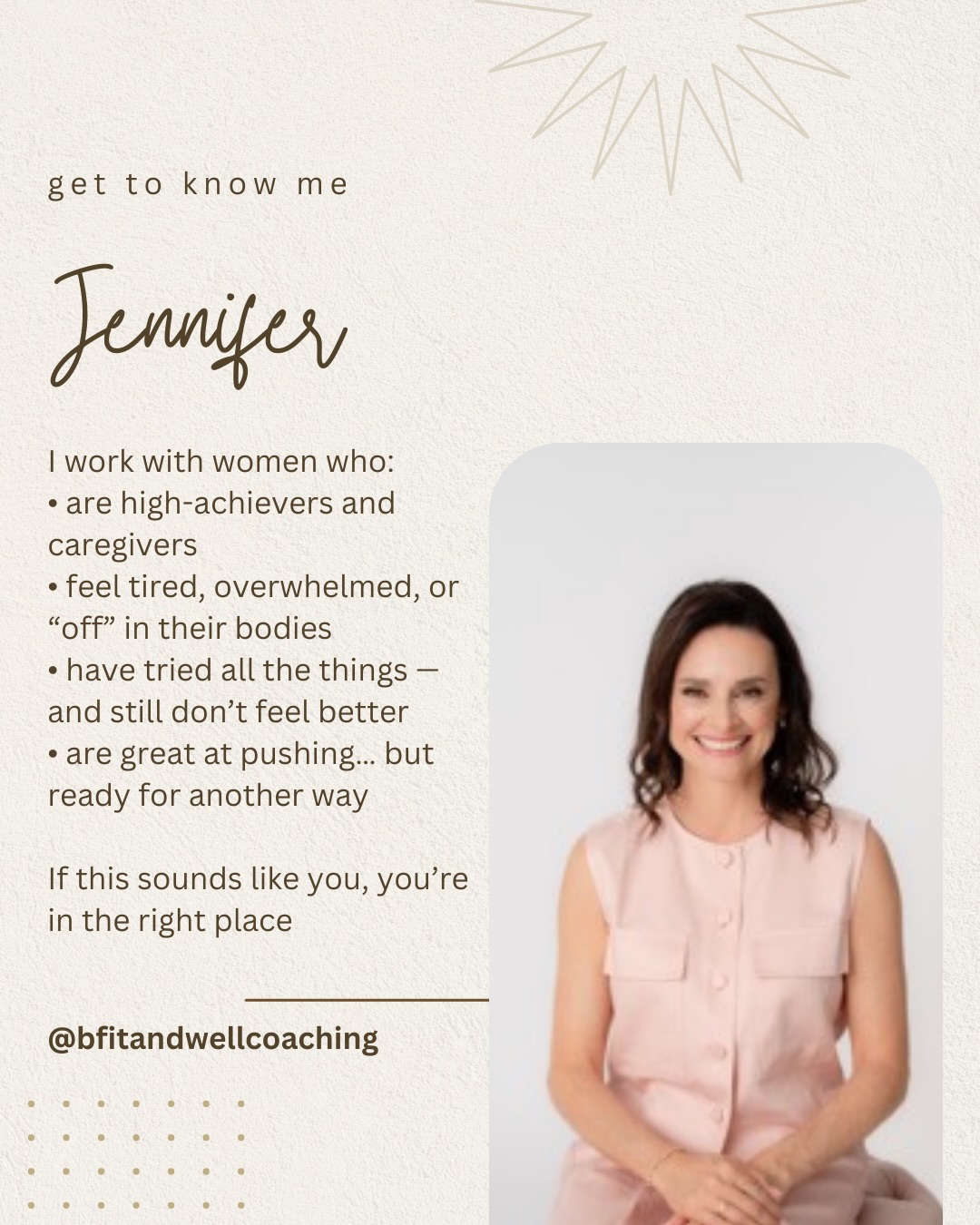 Hi! I’m Jennifer 👋
I help high-achieving women feel better - mind and body - without adding more to their already full lives.
Most of the women I work with are doing everything right…and still feel exhausted, overwhelmed, or disconnected from themselves. They’re used to pushing through - until it stops working.
My work focuses on nervous system support, mind-body healing, and tiny shifts that create real, lasting change.
If you’ve been craving a calmer, more supportive way to feel better - you’re in the right place!
Want more? Comment ME to join my private community: Feel Better: Mind and Body.
😘-Jennifer
.
.
.
.
#mindbodyhealing #nervoussystemsupport #mindbodyconnection #nervoussystemregulation #busywomen #highachiever