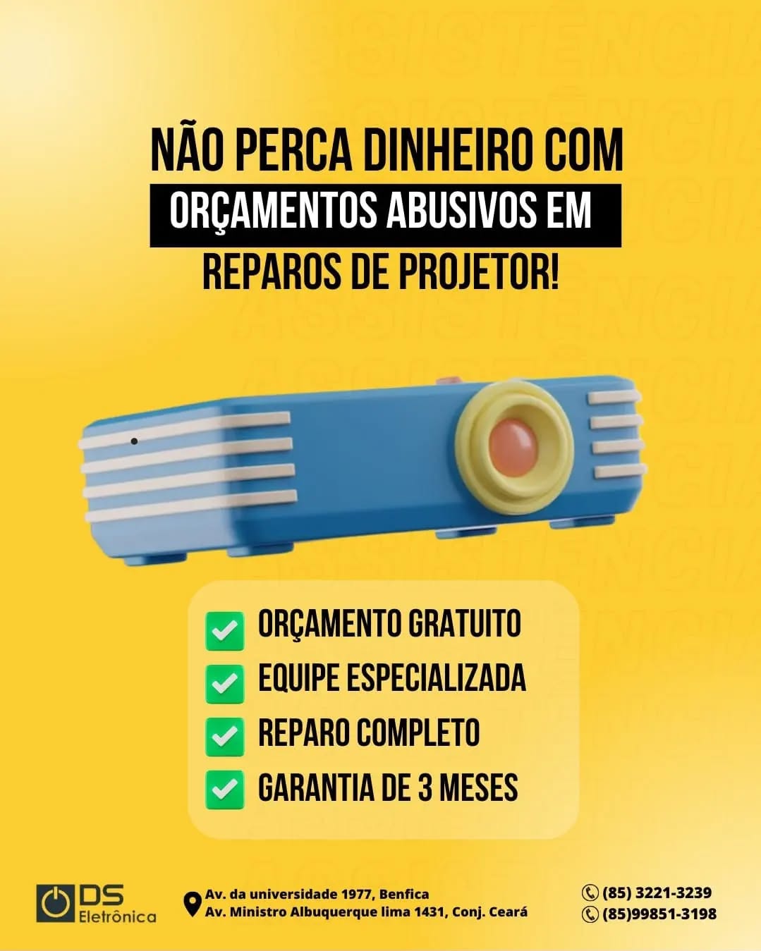 🔧 Problemas com seu projetor? Não se preocupe, a DS Eletrônica Fortaleza está aqui para ajudar!
✅ Especialistas em reparo de projetores.
✅Soluções rápidas e confiáveis.
✅Devolva a qualidade às suas apresentações.
Aperte o botão "Fale Conosco" agora e deixe-nos resolver isso para você!
#assistenciatecnica #reparoprojetor #assistenciatecnicafortaleza #reparodatashow #consertotv #consertoprojetor #OrçamentoGratis #orçamentogratis #tecnico #tecnicoespecializado #técnicofortaleza
