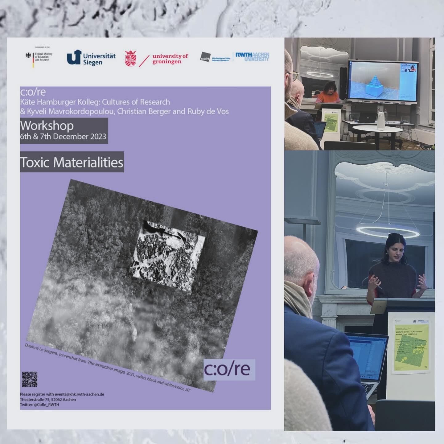 We are excited to have been invited to the symposium ‘Toxic Material(itie)s: Eco-Material Entanglements in Art’ at the Käte Hamburger Kolleg Cultures of Research, Aachen, Germany, 6-7 December 2023. Kyveli Mavrokordopoulou opened the workshop yesterday followed by the brilliant keynote talk by Esther Leslie «Art’s Mediation as Remediation»
