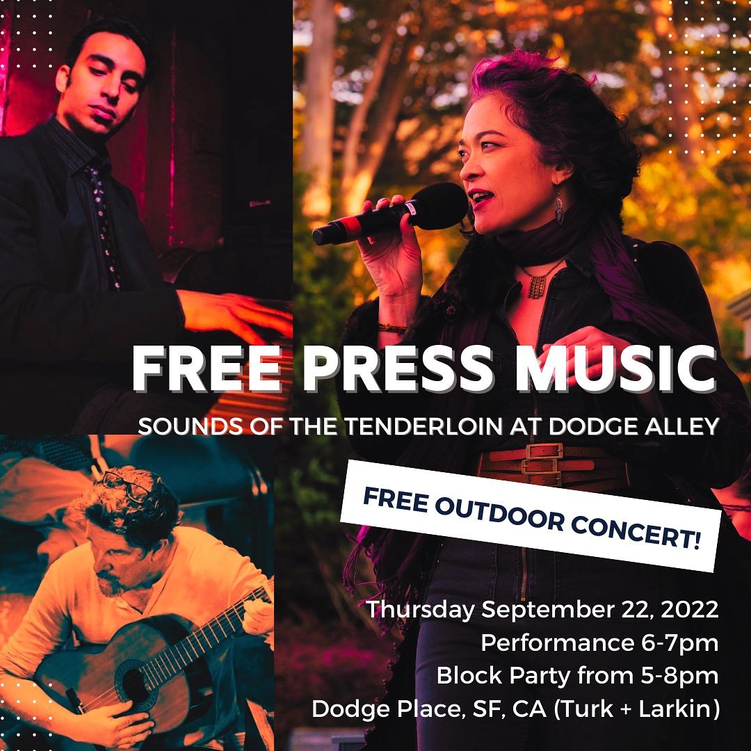 #September brings two amazing @thefreepressmusic #safe #outdoor shows! The #TenderloinMuseum show is on #Thursday #September 22 from 6-7pm at #DodgeAlley next to @shovelsbar in the #Tenderloin activating a former alley into lovely public space. This #FREE show is organized by the @tenderloinmuseum and sponsored/funded by @hardlystrictlybluegrass . I worked for almost a decade in the TL building affordable housing for low-income communities, volunteering, and singing at @glidesf, so it’s a treat to be welcomed back to my old stomping grounds. Our #originals focus on the history and lives of #TL residents including those at the #historic #CadillacHotel, one of my favorite places to perform. The other show a #Virgo #birthday #celebration on #Monday #September 19 at #FlowerPiano at the @sfbotanicalgarden (#conifer) from 4-5pm.