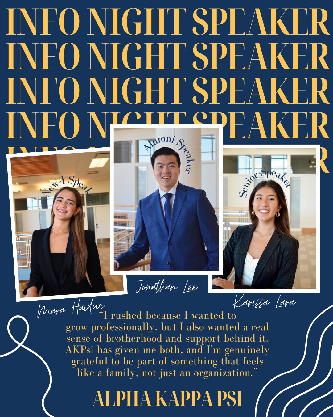 Meet Mara, Jonathan, and Karissa tomorrow at Info Night! Come hear about their experiences at Foellinger Auditorium, 7–9 PM. Don’t forget to fill out the rush interest form and application linked in our bio. We are so excited to meet you all!