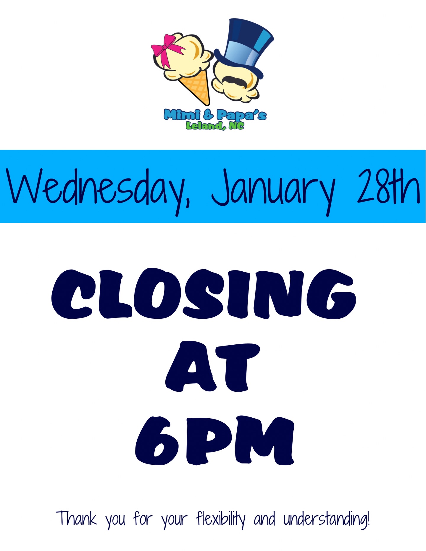 We are closing early tonight at 6pm, so come get your treats before then!
We’ll see you for regular hours tomorrow!
Thanks for your flexibility and understanding! ❤️