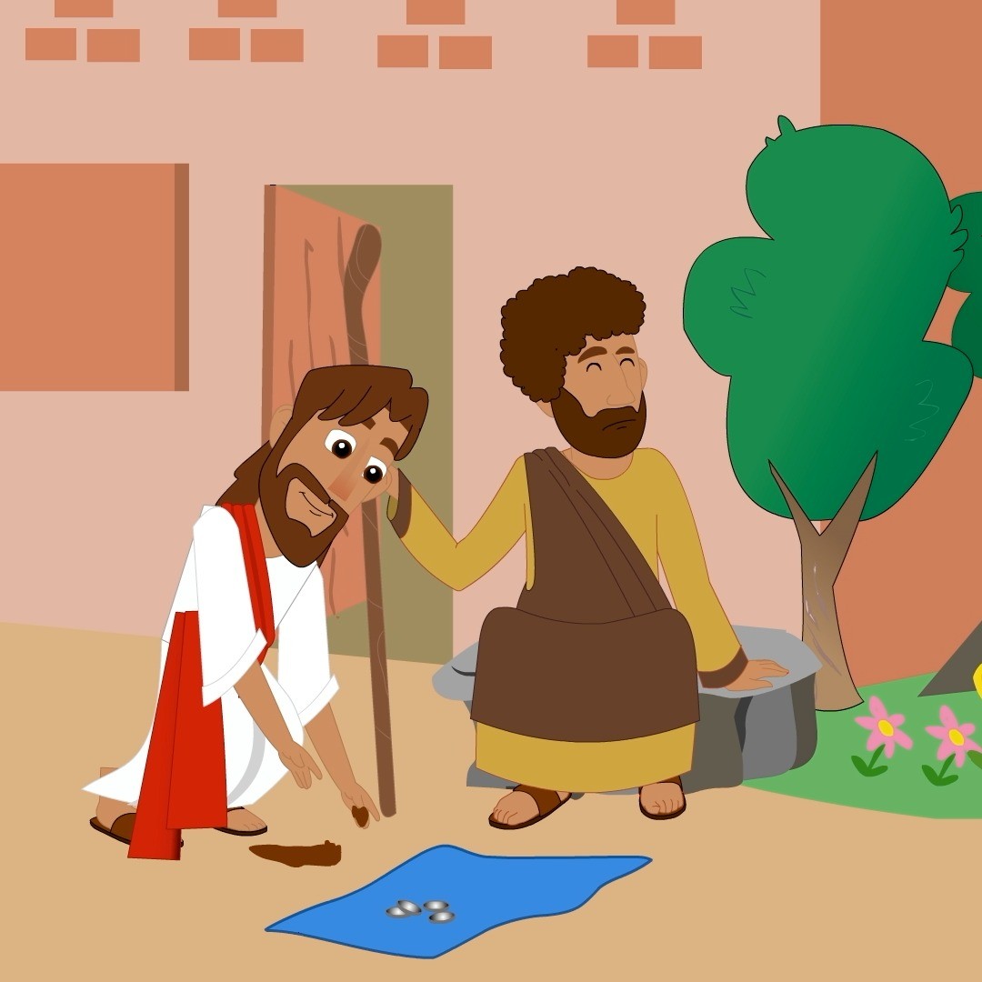 Jesús var á gangi með lærisveinum sínum þegar hann sá blindan mann sitja og betla. Einn lærisveinanna spurði hvort hann væri blindur vegna eigin gjörða eða vegna gjörða foreldra sinna. Jesús sagði hvorugt vera rétt. Hann fæddist blindur til að fólk fengi að sjá kraft Guðs á jörðinni. Jesús hrækti í moldina á jörðinni og útbjó leðju sem hann smurði á augu blinda mannsins. Þegar blindi maðurinn hafði þvegið sér var hann ekki blindur lengur. Hann sá og tók trú!