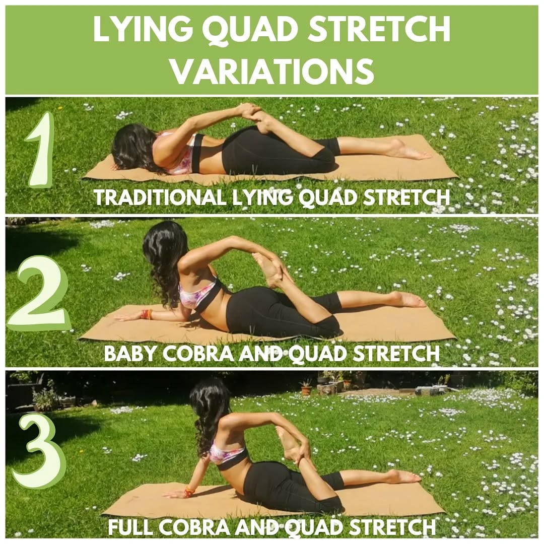 Happy Monday wonderful people!! You voted and I listened!
Today's Monday Panel shows the variations for deepening a prone quad stretch.
Option 1 is the easiest option. If you are unable to hold onto your foot in this position, you can use a strap to assist.
Option 2 introduces a back bend in baby sphinx/cobra that depends the stretch for your quad and front hip flexor
Option 3 is the deepest version that also challenges your upper body strength and balance.
Lying in a prone position whilst practice this stretch helps to stabilise the pelvis, minimise and rocking music and provides the maximising stretching effect.
What option is your favourite?